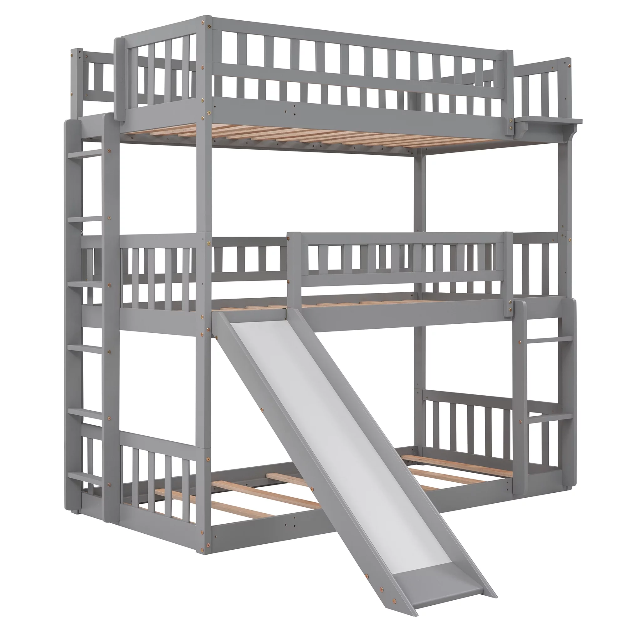 Bellemave Triple Bunk Bed with Slide, Wood Twin over Twin over Twin 3 Bunk Bed with 2 Built-In Ladders, Convertible Triple Beds for Kids, Teens, Boys & Girls (Gray)