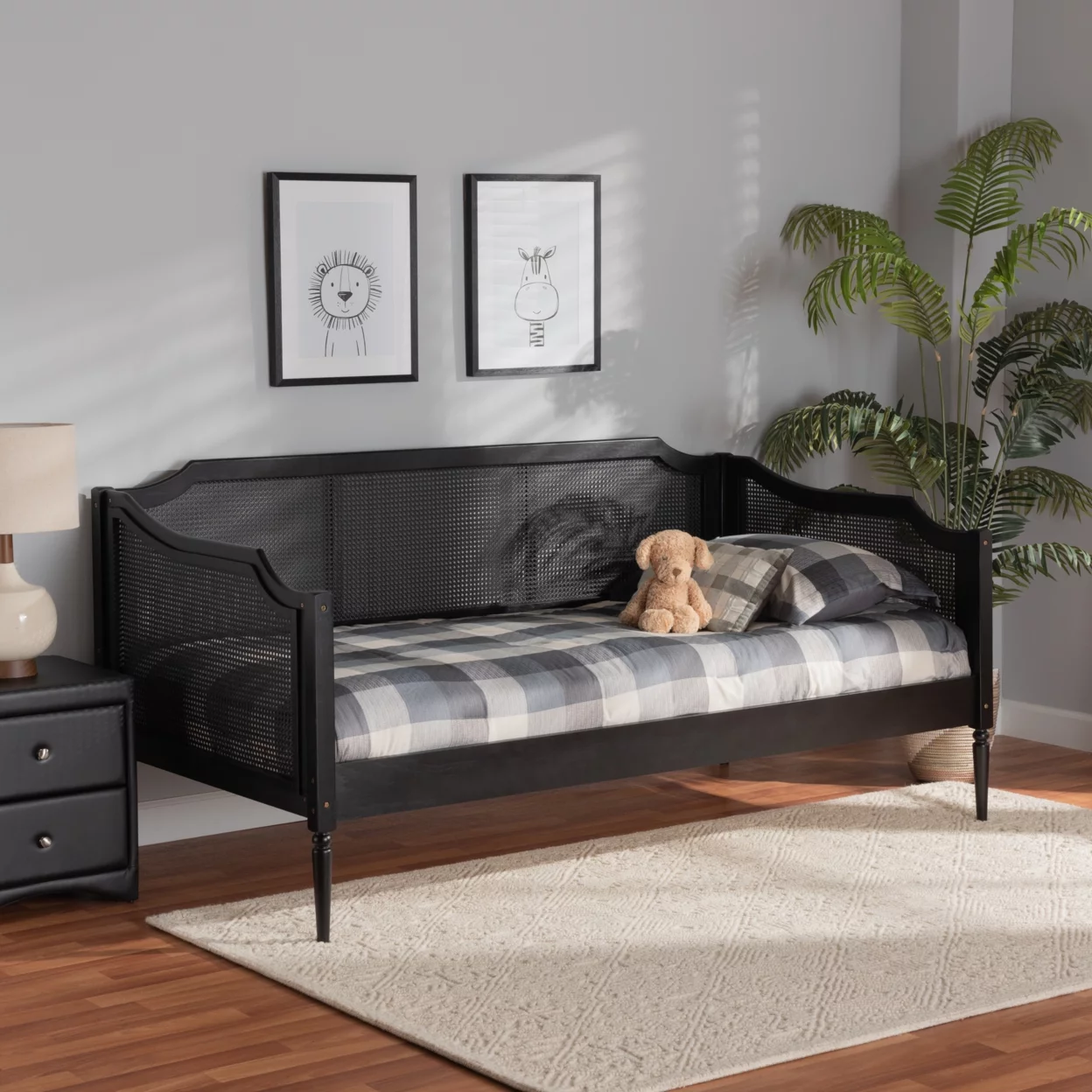 Baxton Studio Hancock Mid-Century Modern Charcoal Finished Wood and Synthetic Rattan Twin Size Daybed,Wholesale