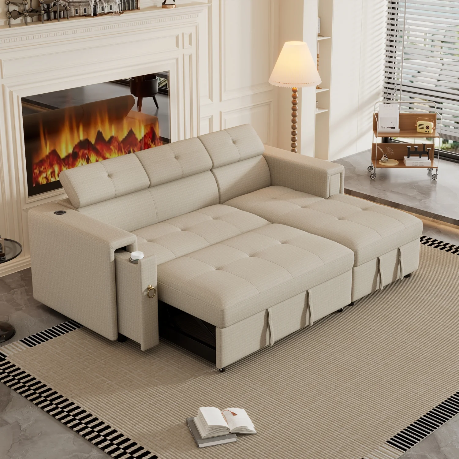 Churanty Pull Out Couch Bed with Storage and Cup Holder Sectional Sleeper Sofa with Wireless Charging L Shaped Couch with Adjustable Headrest Convertible Sofa Bed for Living Room,Beige