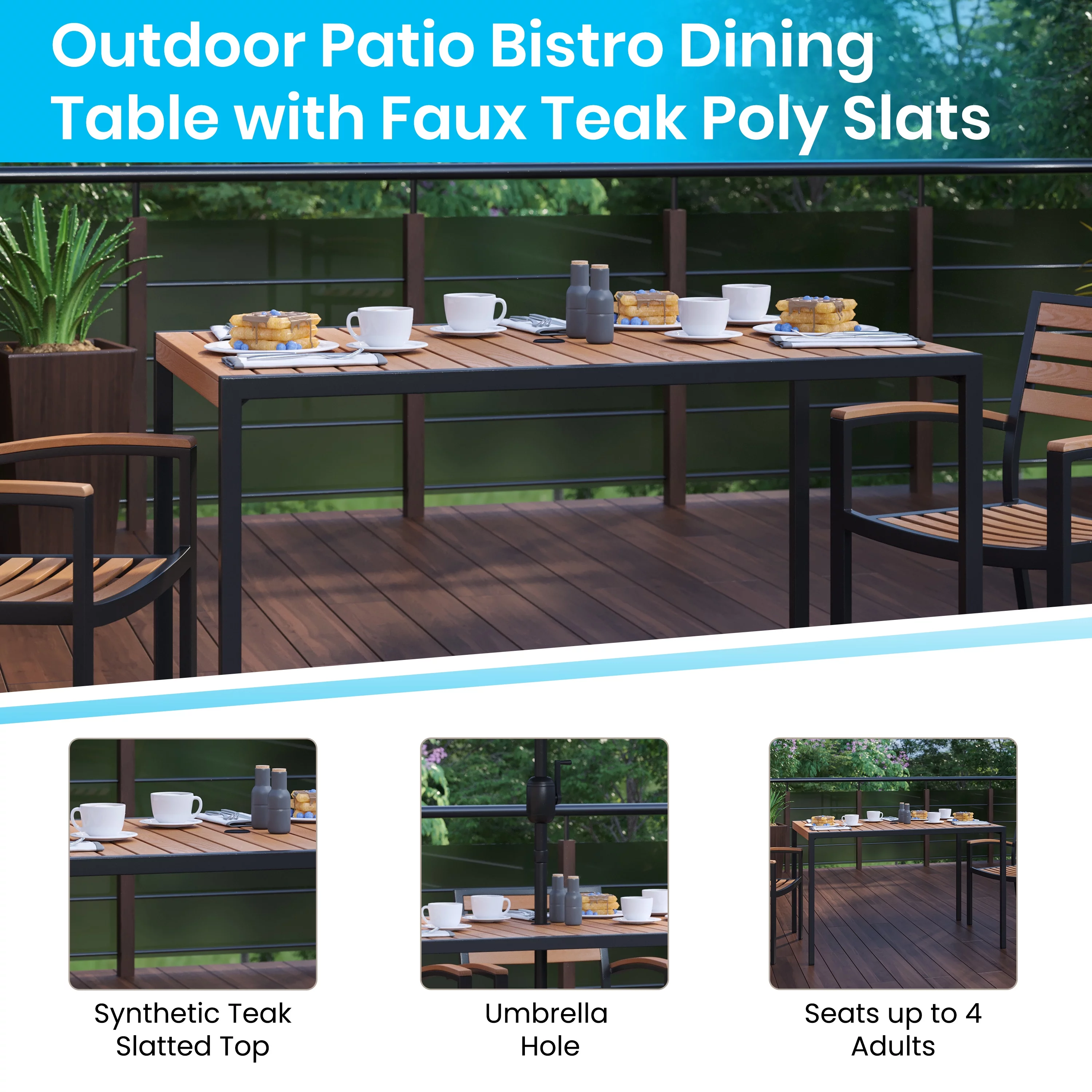 BizChair 7 Piece Outdoor Patio Dining Table Set with 4 Synthetic Teak Stackable Chairs, 30