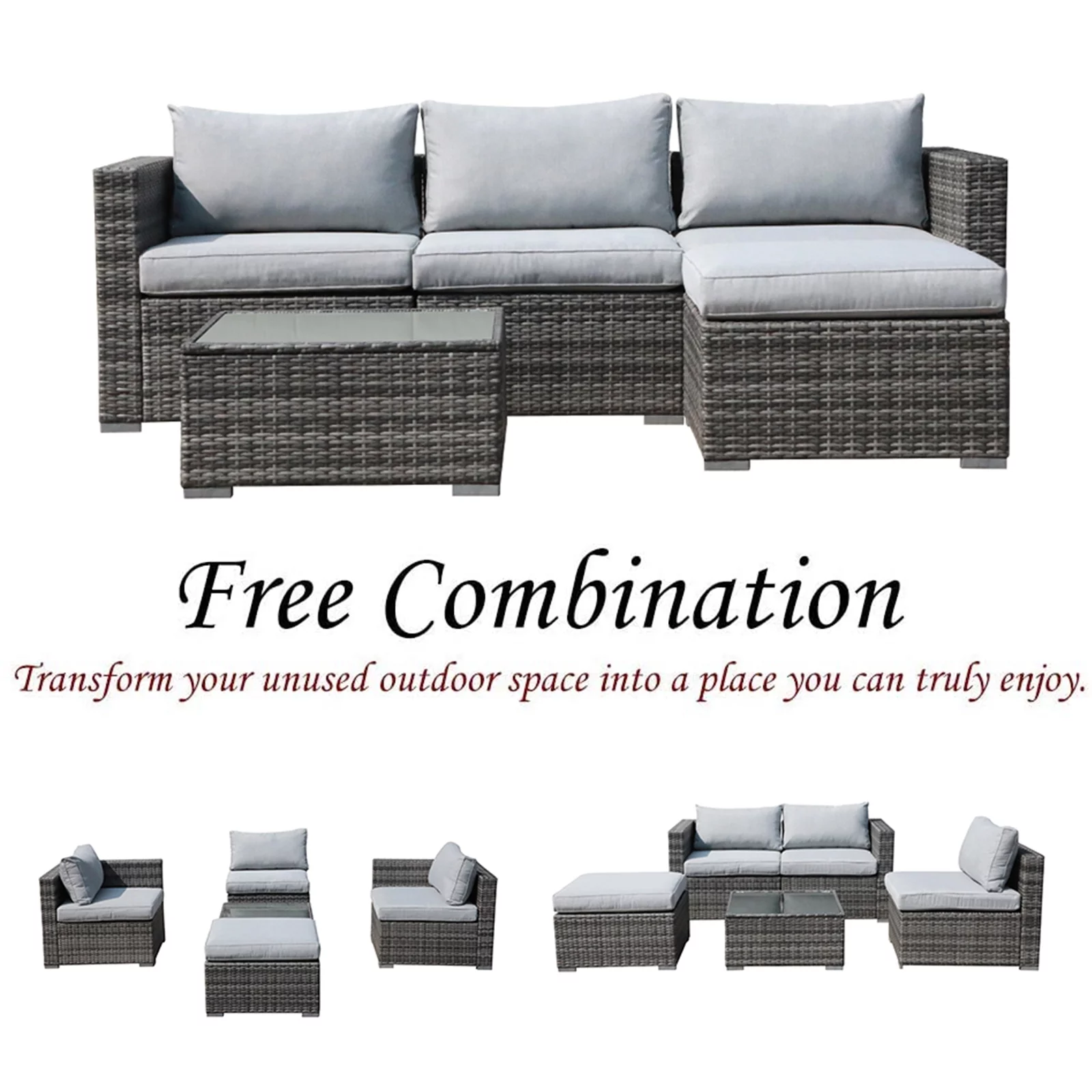 JOIVI 5 Pieces Outdoor Patio Furniture Set, All Weather PE Gray Wicker Rattan Sectional Furniture Set with Coffee Table, Light Gray