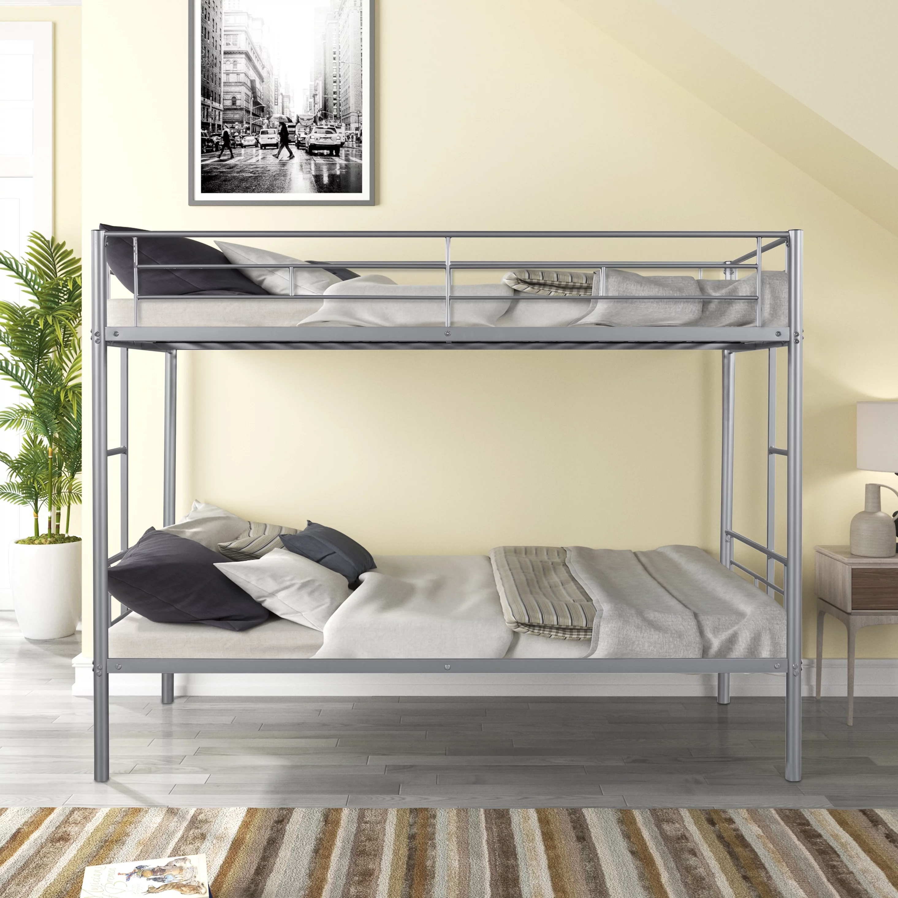 KAMIDA Metal Bunk Bed for Kids, Twin Over Twin Convertible Bunk Bed with Ladder and Safety Fence, Silver