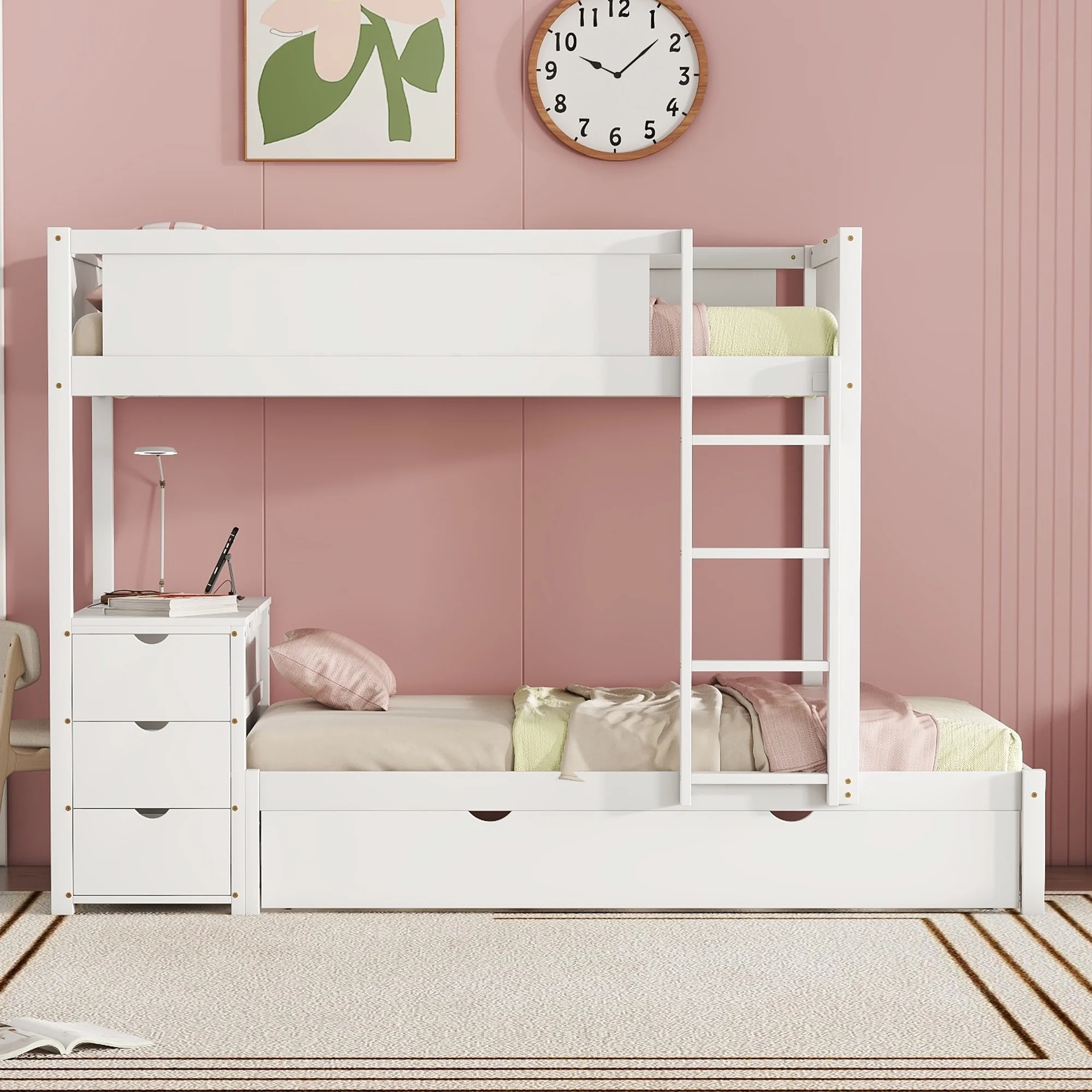 Euroco Twin over Twin Bunk Bed with Desk and Trundle, USB Charging Staion and 3 Drawers for Kids Teens Adults, White