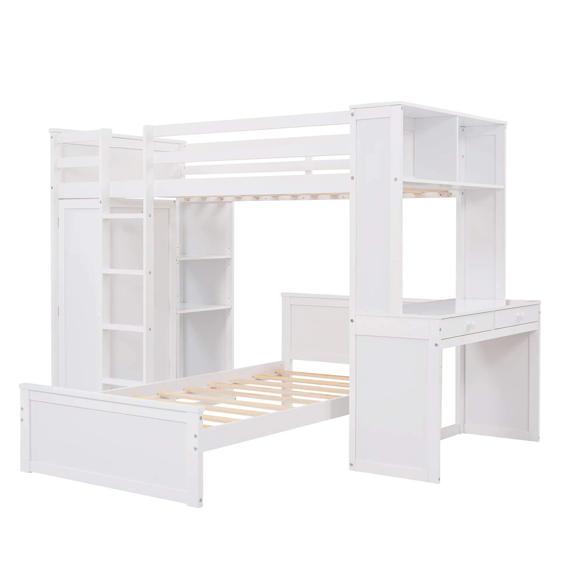 THINK 30,Twin Size Loft Bed with Desk and Wardrobe, Wood Convertible Bunk Bed with Storage Drawers and Shelves, Wooden Loft Bed Frame for Kids Teens, No Box Spring Needed, White