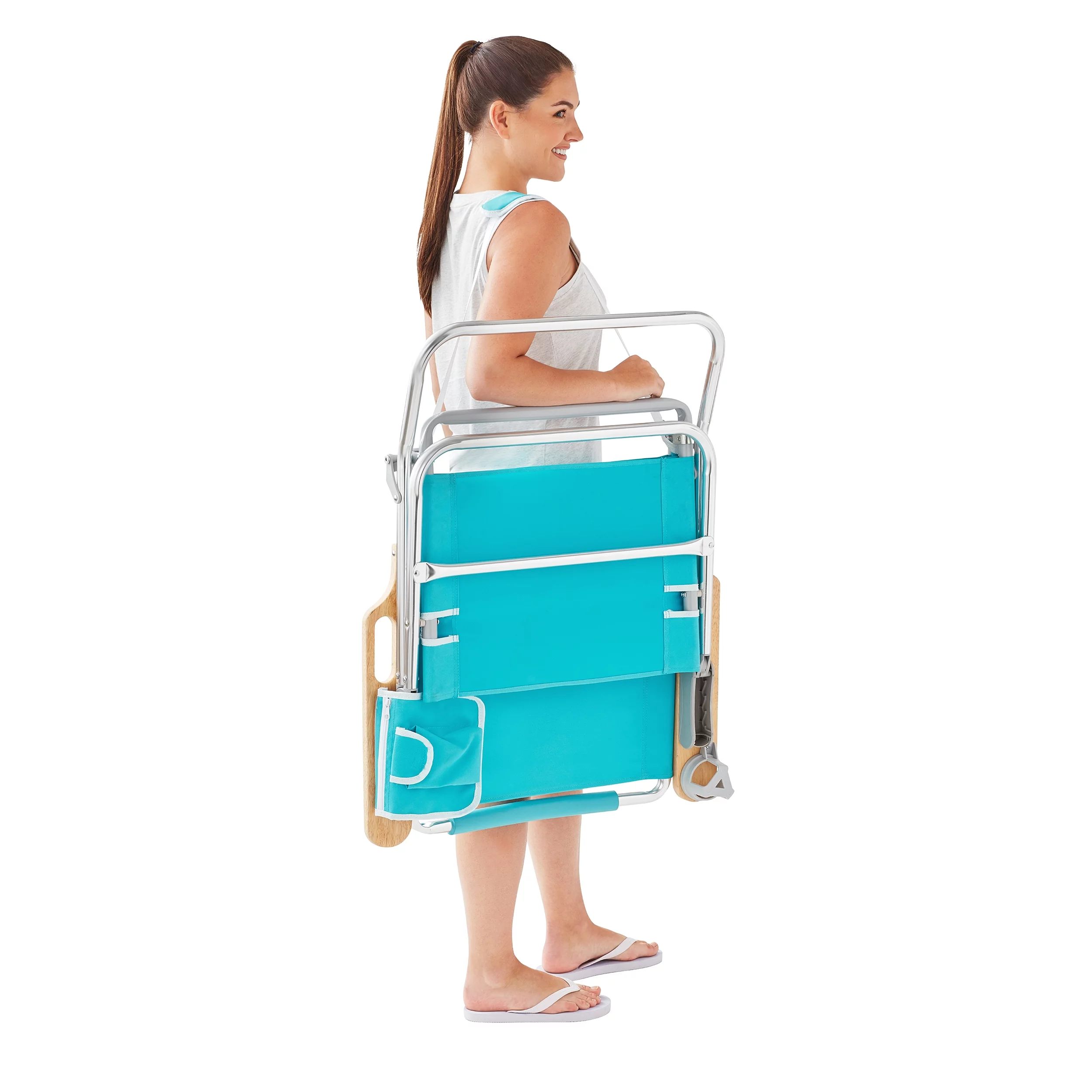 2-Pack Mainstays Wood Arm Reclining Comfort Height Beach Chair, Teal