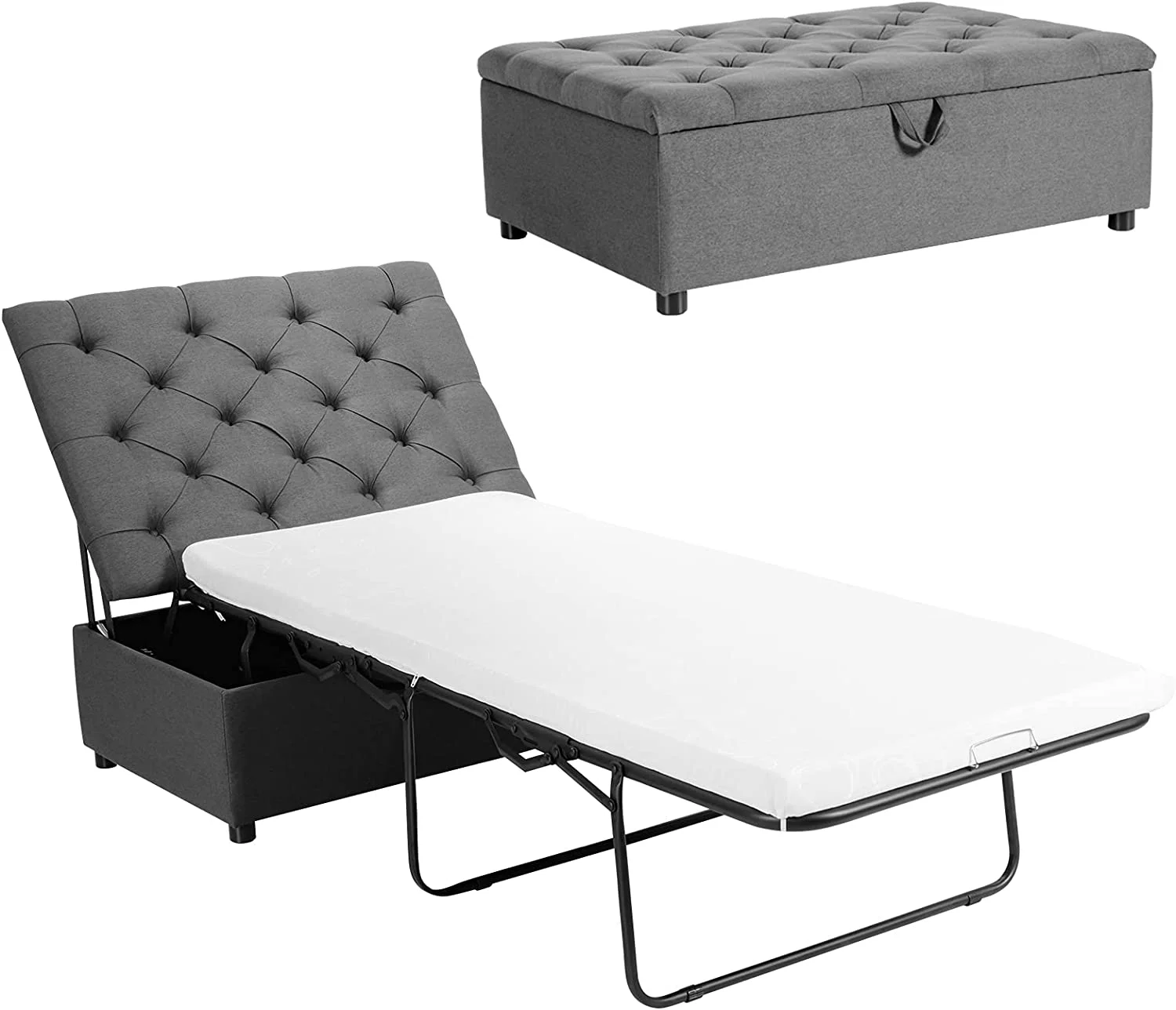 Ottoman Folding Bed, Fold Out Sleeper Bed with Mattress, Convertible Chair into Sofa Bed, Couch Sleeper w/Steel Frame, Dual Use Guest Bed Lounge Bed, Living Room Bedroom Office (Grey)