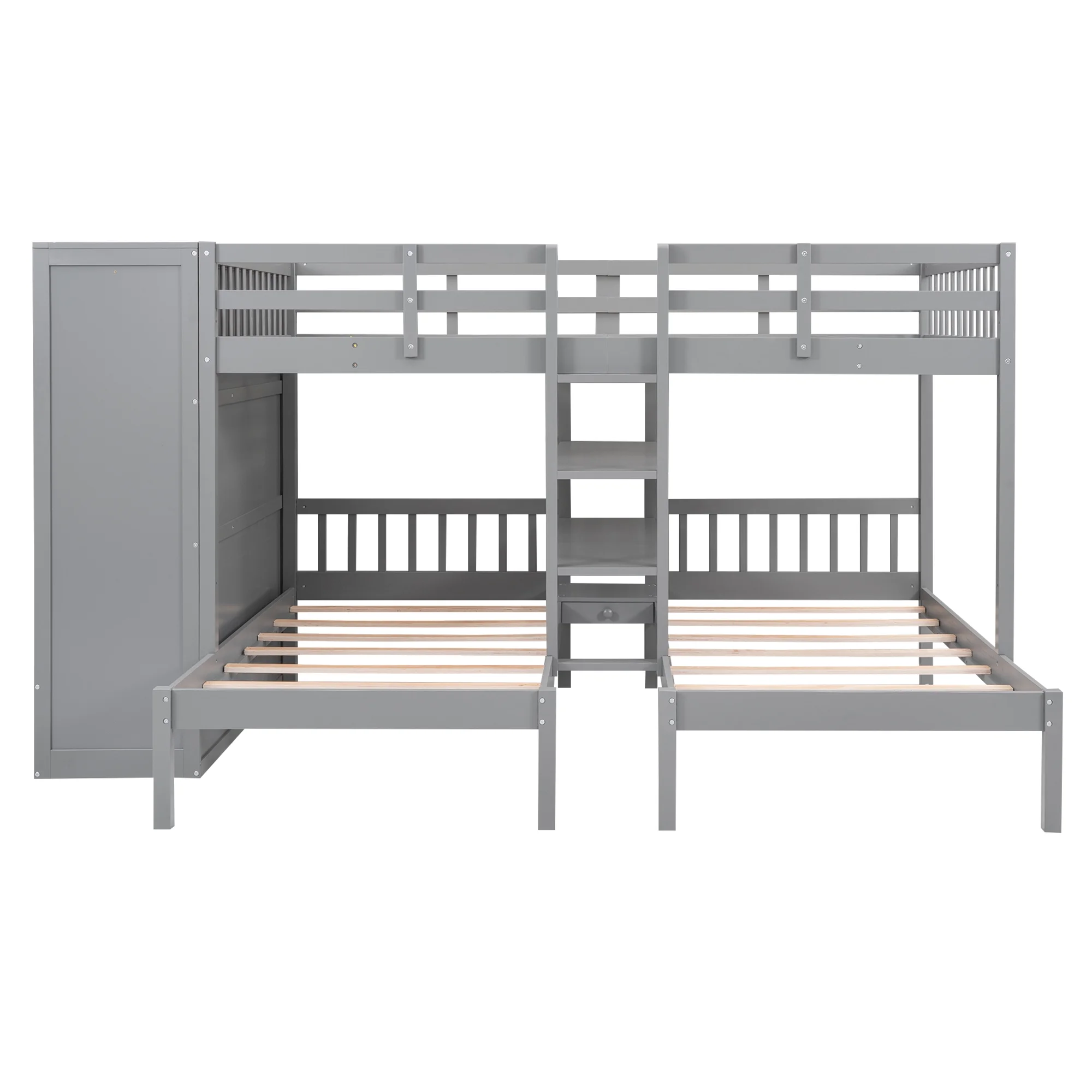 Churanty Full-Over-Twin-Twin Bunk Bed with Shelves, Wardrobe and Mirror, Gray