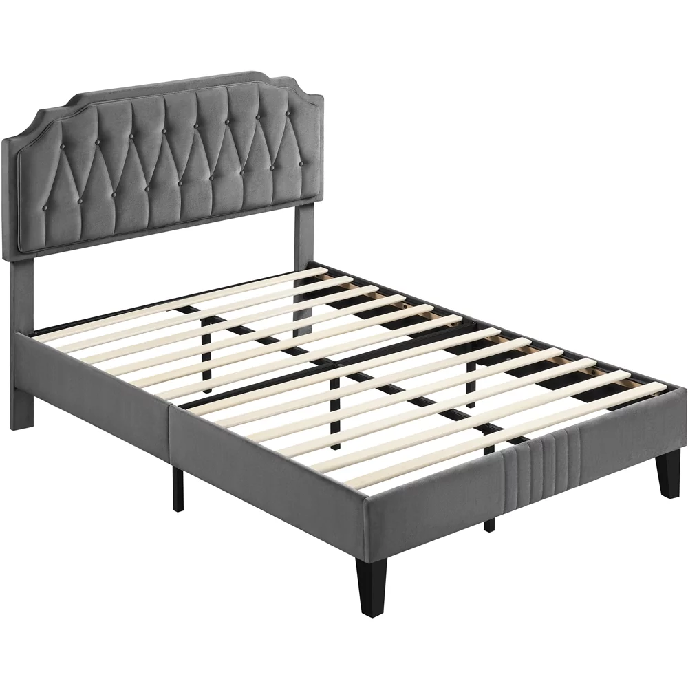 Easyfashion Upholstered Full Bed with Adjustable Headboard for Adult, Dark Gray