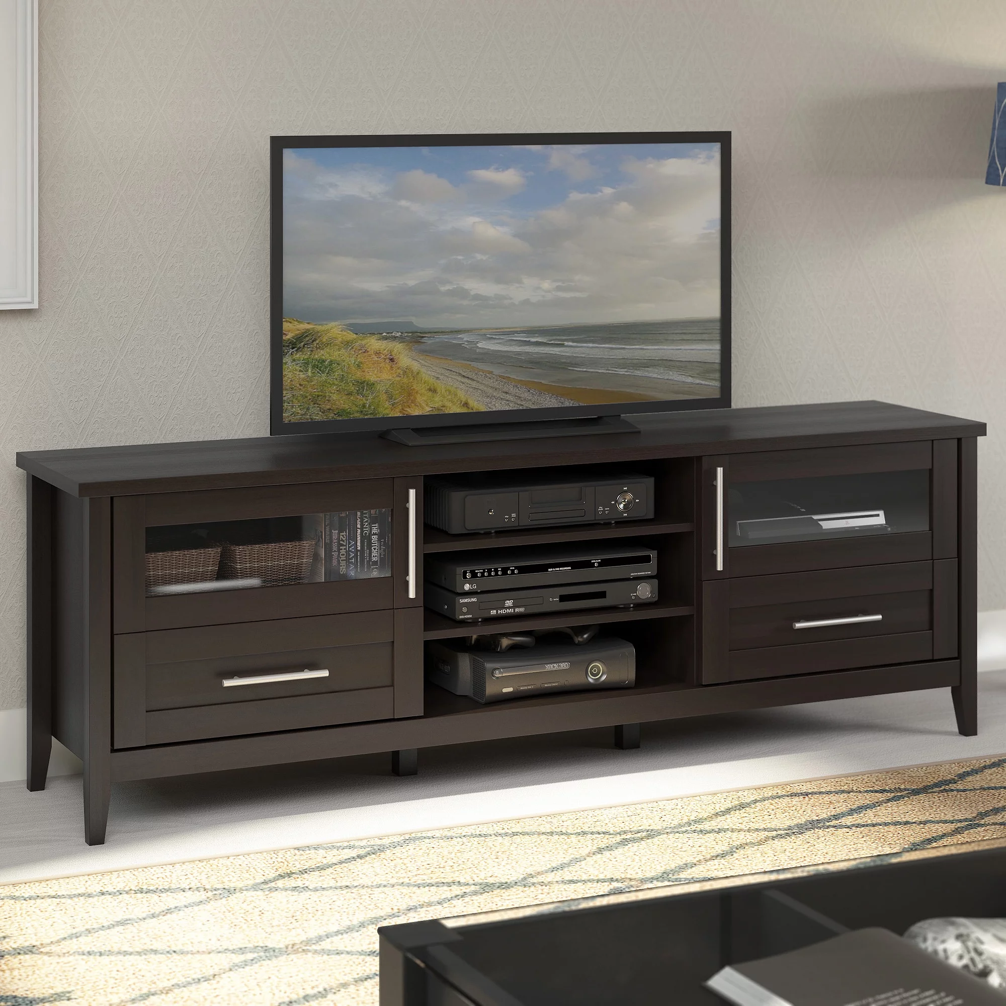 CorLiving Jackson Espresso Extra 2-Drawer TV Bench for TVs up to 80