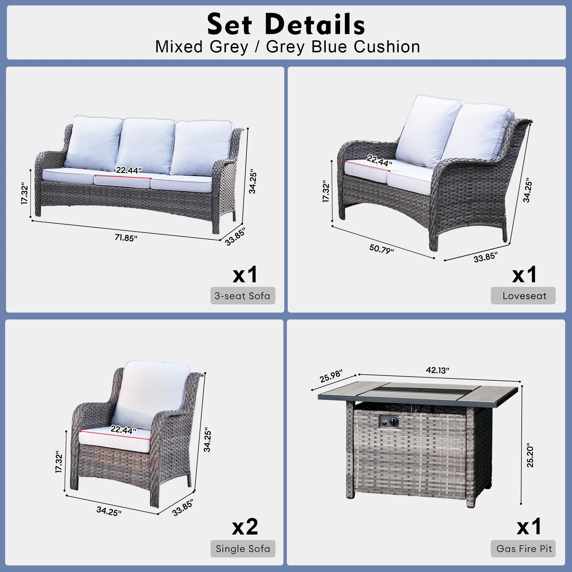 Ovios 5 Pieces Outdoor Patio Furniture with Rectangle Fire Pit Table Wicker Patio Sectional Sofa with Loveseat for Backyard