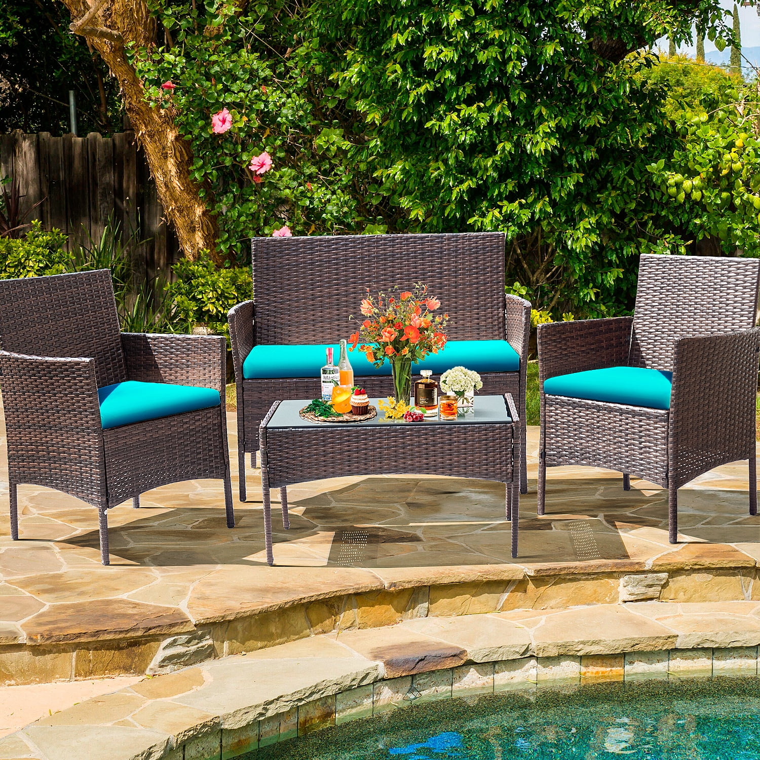 Lacoo 4 Piece Outdoor Patio Furniture PE Rattan Wicker Table and Chairs Set with Cushions, Blue