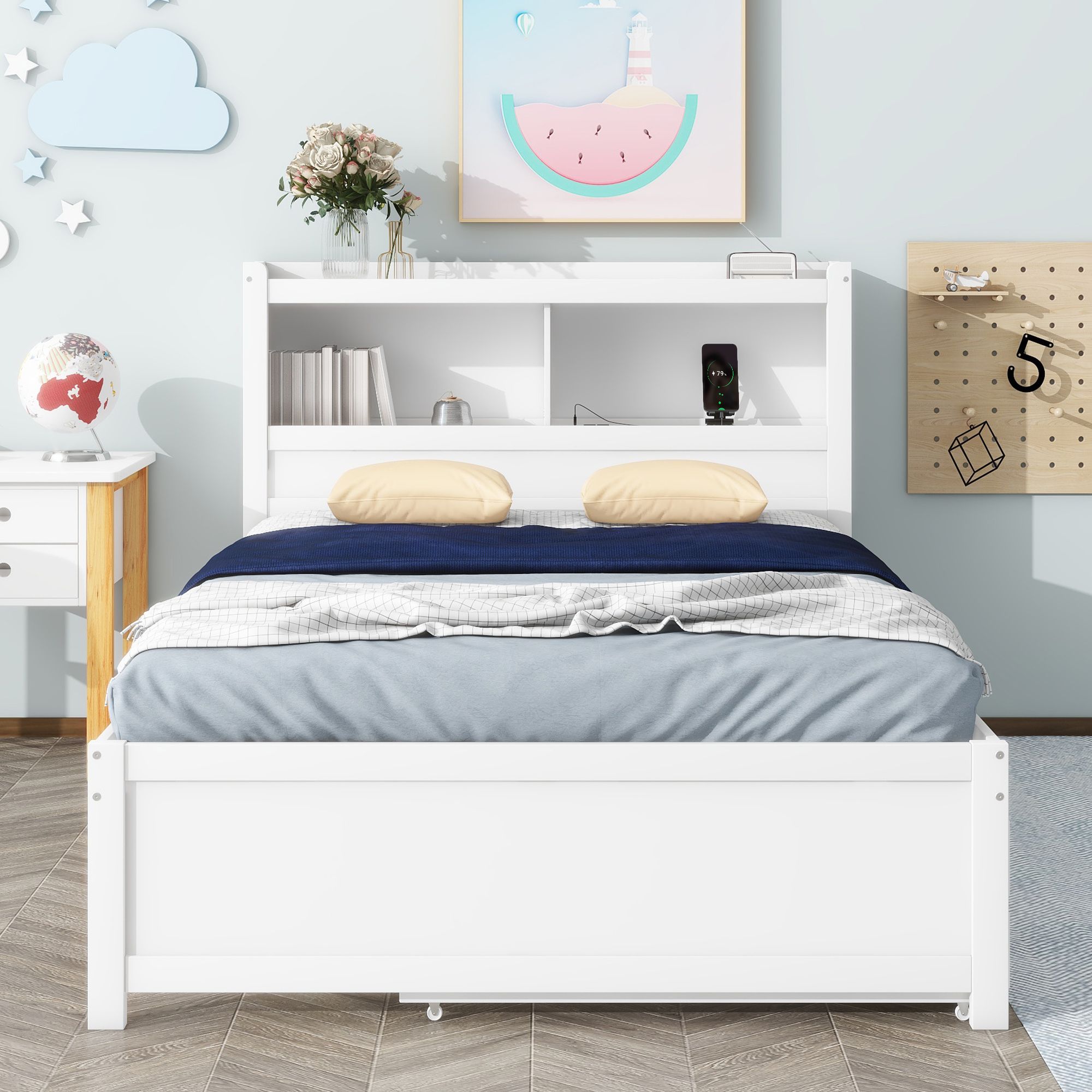 Full Wood Platform Bed Mattress Foundation with Trundle, Drawers and USB Plugs, Bed Frame Storage Bed w/ Wooden Slats for Boy Girl, No Box Spring Needed, Easy Assembly
