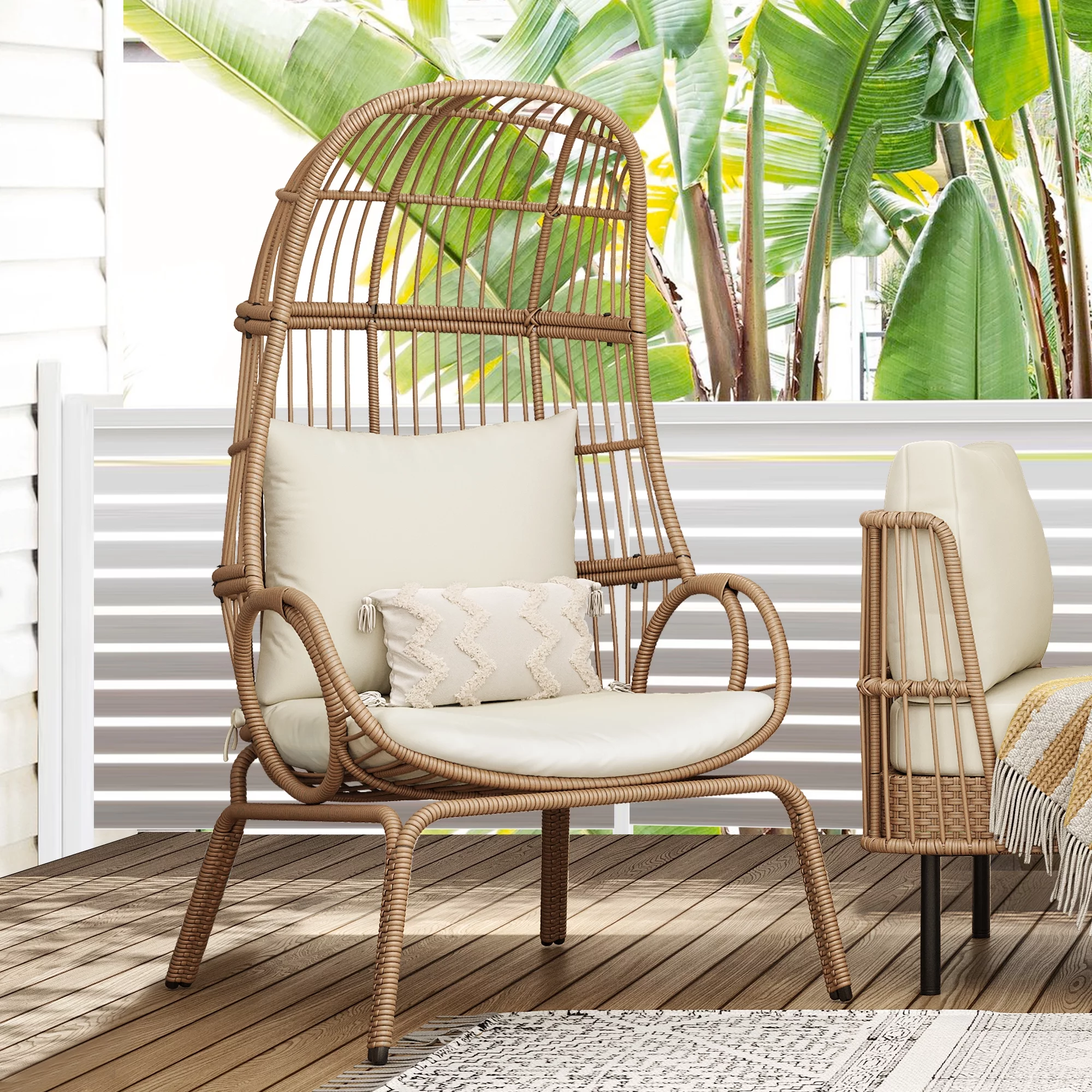 Dextrus Wicker Egg Chair Oversized Indoor Outdoor Patio Lounger w/ Steel Frame, Basket Chair for Bedroom,Living room,Patio, 370lb Capacity - Beige