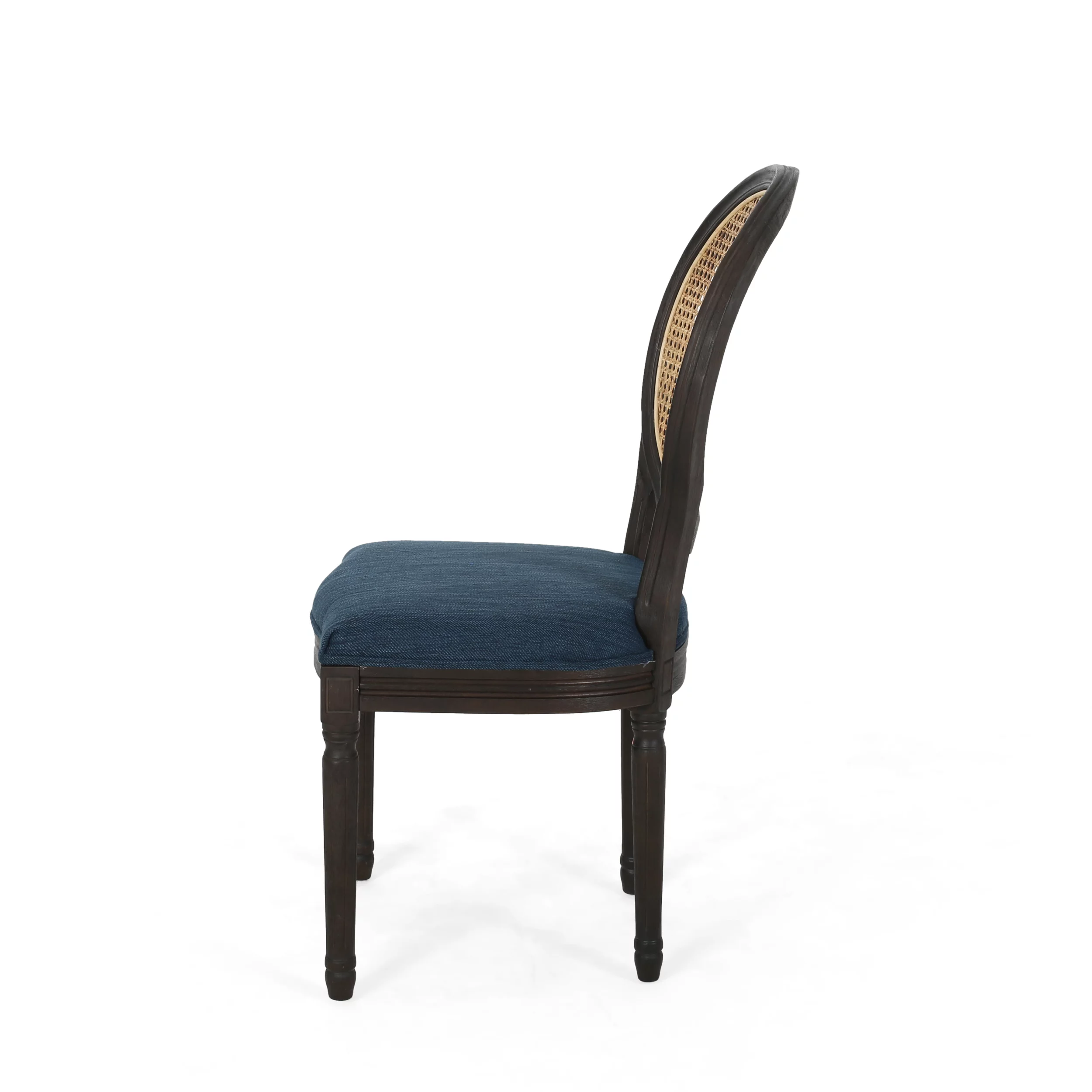 GDF Studio Towner French Country Fabric Wood and Cane Dining Chairs, Set of 2, Navy Blue, Natural, and Dark Brown