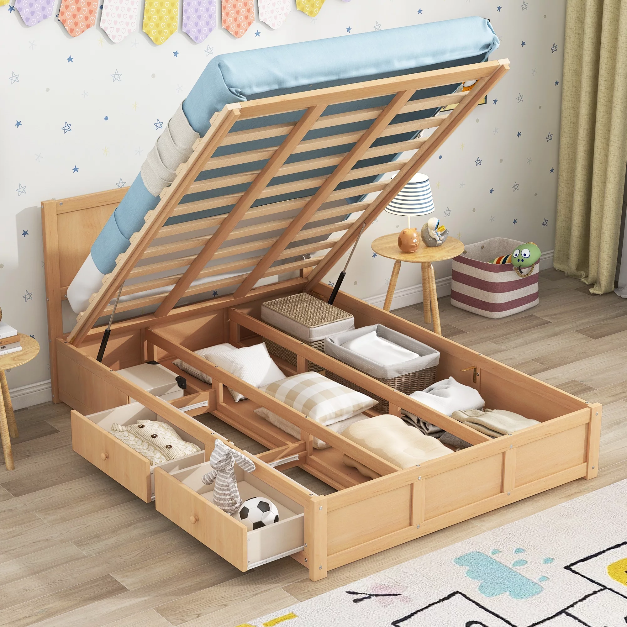 Euroco Full Size Lift Up Storage Bed, Wood Platform Bed Frame with 2 Drawers,  Hydraulic Storage System, No Box Spring Needed & Easy Assembly, Wood Color