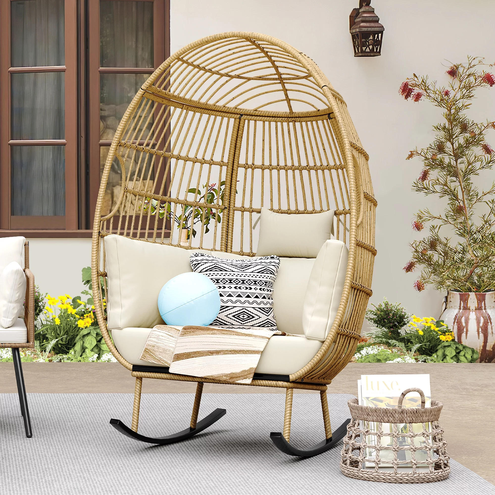 Dextrus Indoor Outdoor Rocking Egg Chair, Wicker Patio Rocking Basket Chair with 385lbs Capacity, All-Weather Oversized Egg Lounger Chair - Beige