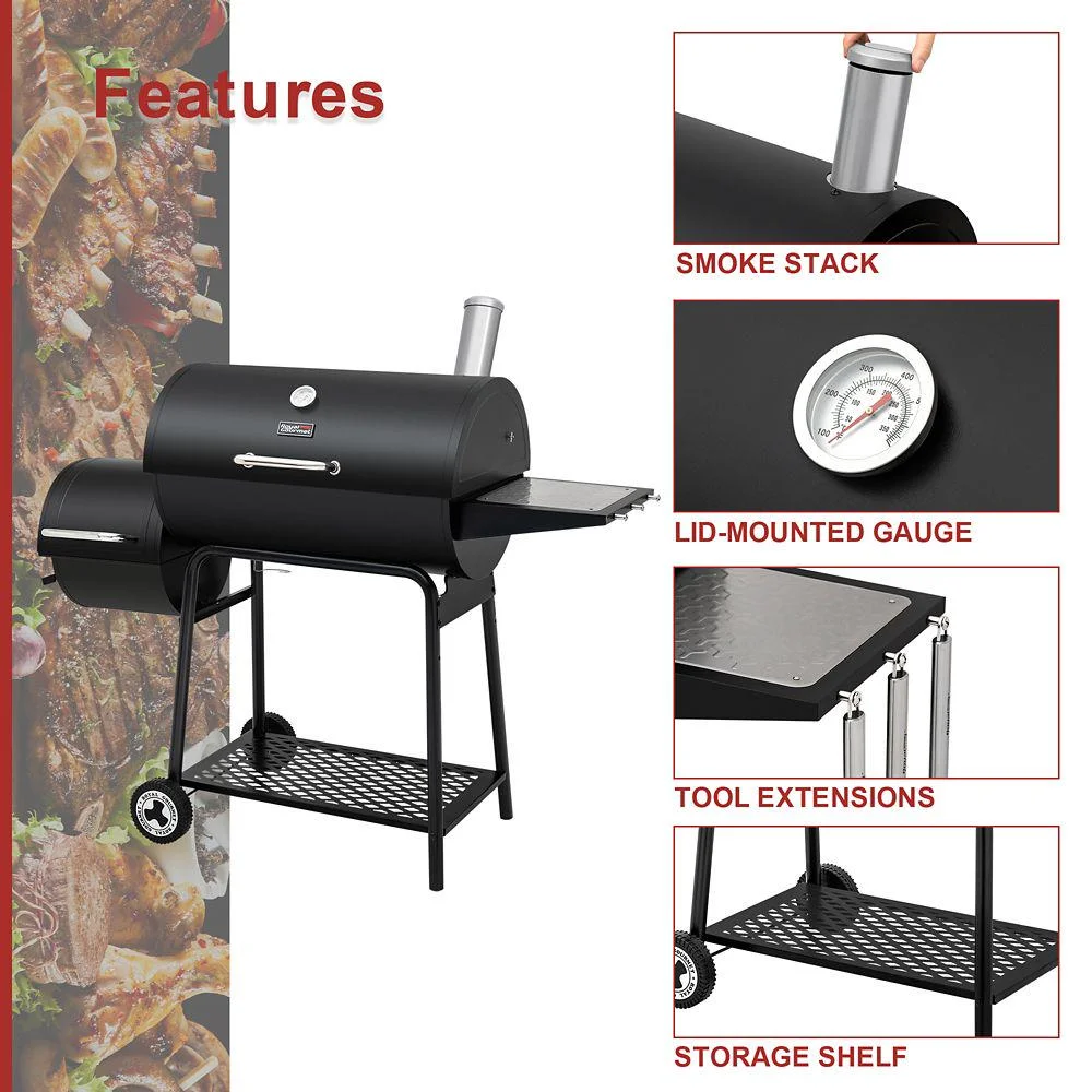 Royal Gourmet 30 in. Barrel Charcoal Grill with Offset Smoker and Bottom Shelf, 811 sq. in., Outdoor and Backyard Parties, CC1830M