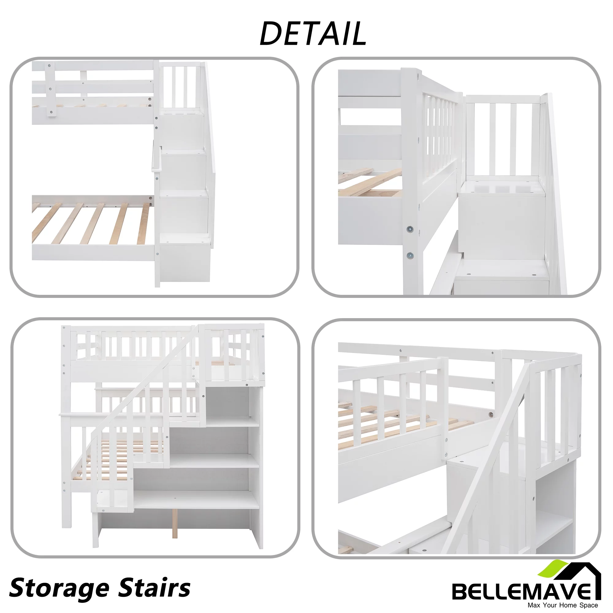 BELLEMAVE Full over Full Bunk Beds for Kids, Kids Bunk Beds with Storage Stairs and Full-Length Guardrail, Convertible Into 2 Bed, No Box Spring Needed(White)