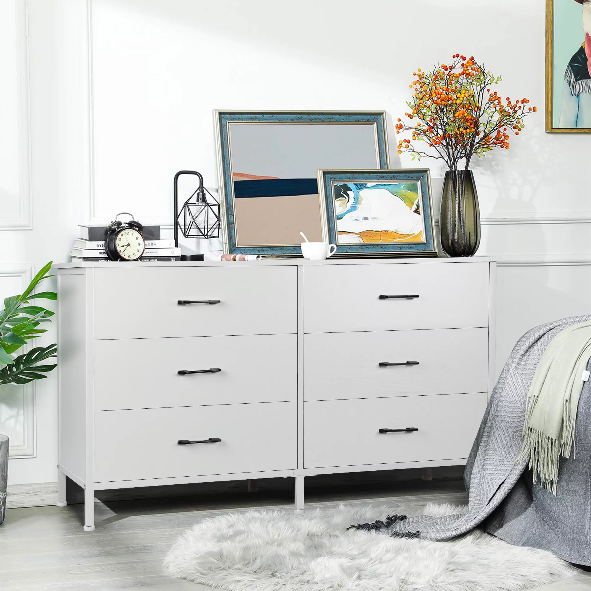 47.3'' Drawer Dresser Chest of 6 Drawers, Storage Dresser Tower for Bedroom, Living Room, Hallway, Nursery, White Storage Cabinet Wooden Dresser with Steel Frame, White