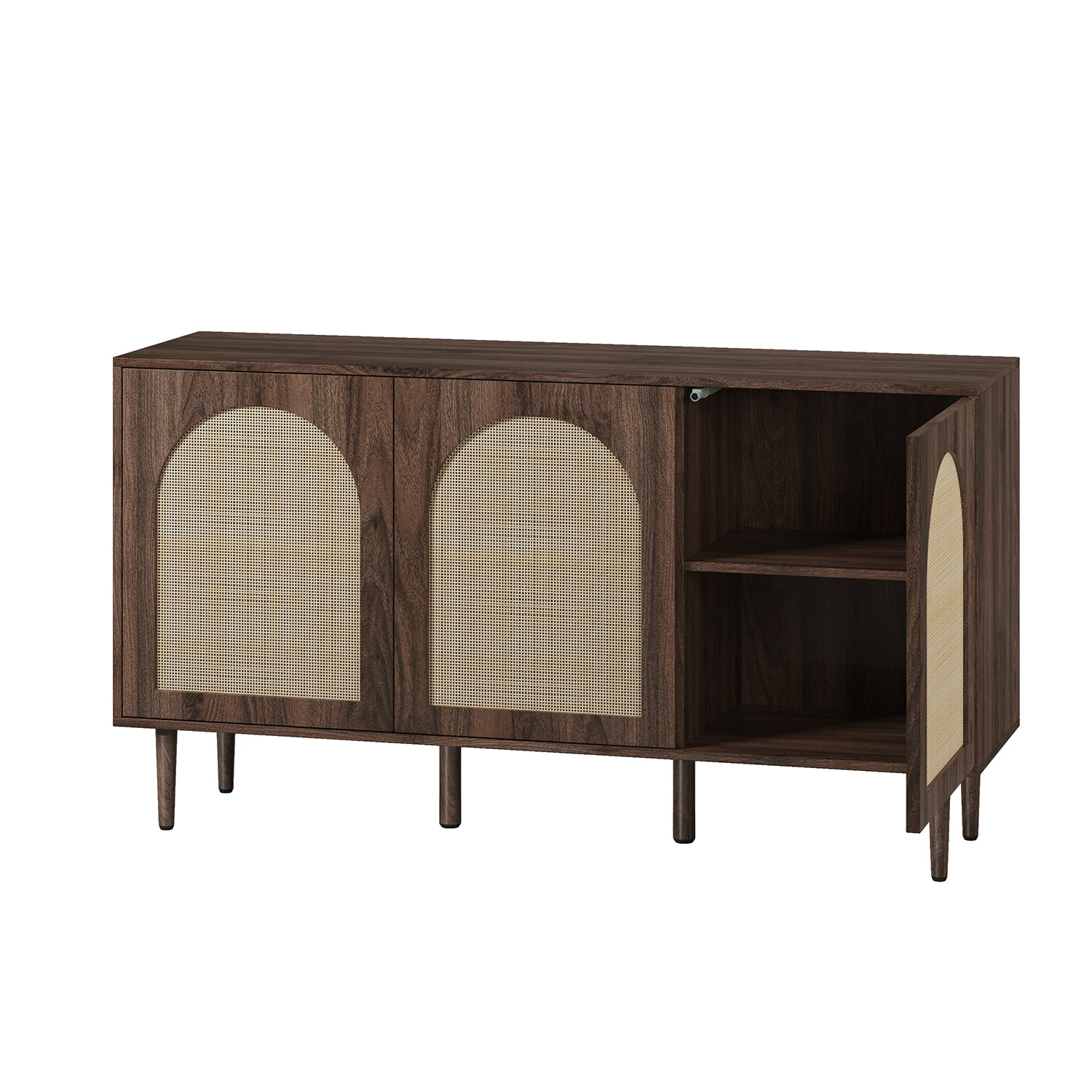 56'' Wood Rattan Arched 3 Doors Sideboard Buffet Cabinet Storage Credenza TV Stand Dining Metal Legs Home Kitchen Living Room Walnut