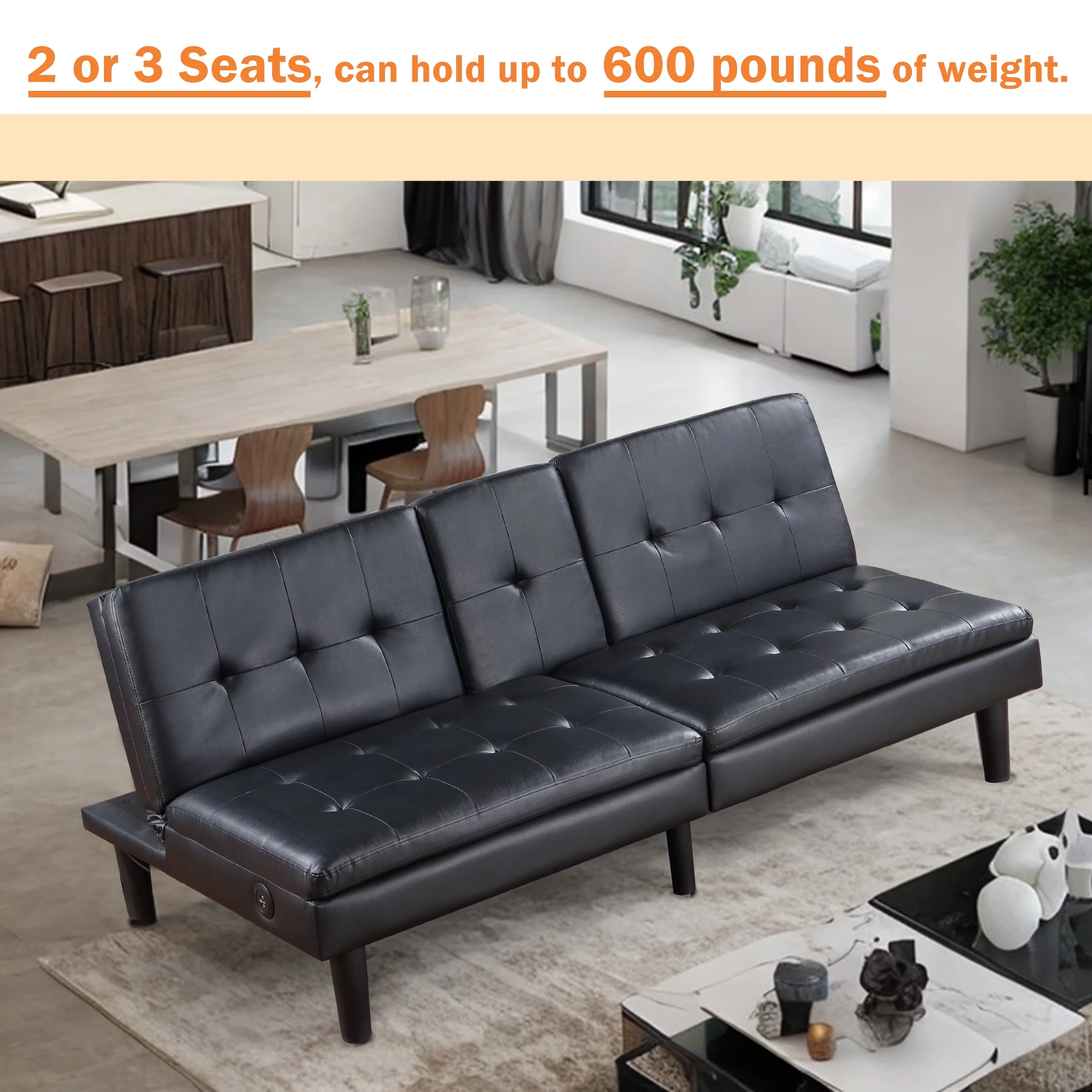 TrumanPick Memory Foam Futon, Convertible Sofa Bed with USB ports and Cupholders, Faux Leather Black