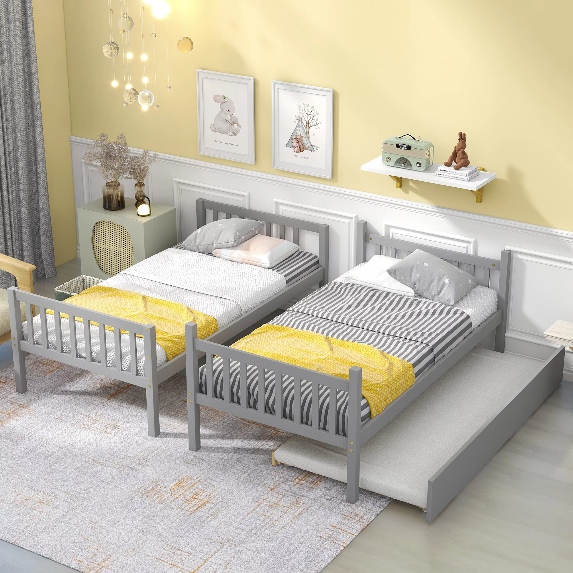 Bellemave Twin over Twin Bunk Bed with Trundle, Convertible Wood Bunk Bed with Ladder and Guardrails for 3 Kids, Teens, No Box Spring Needed (Gray)