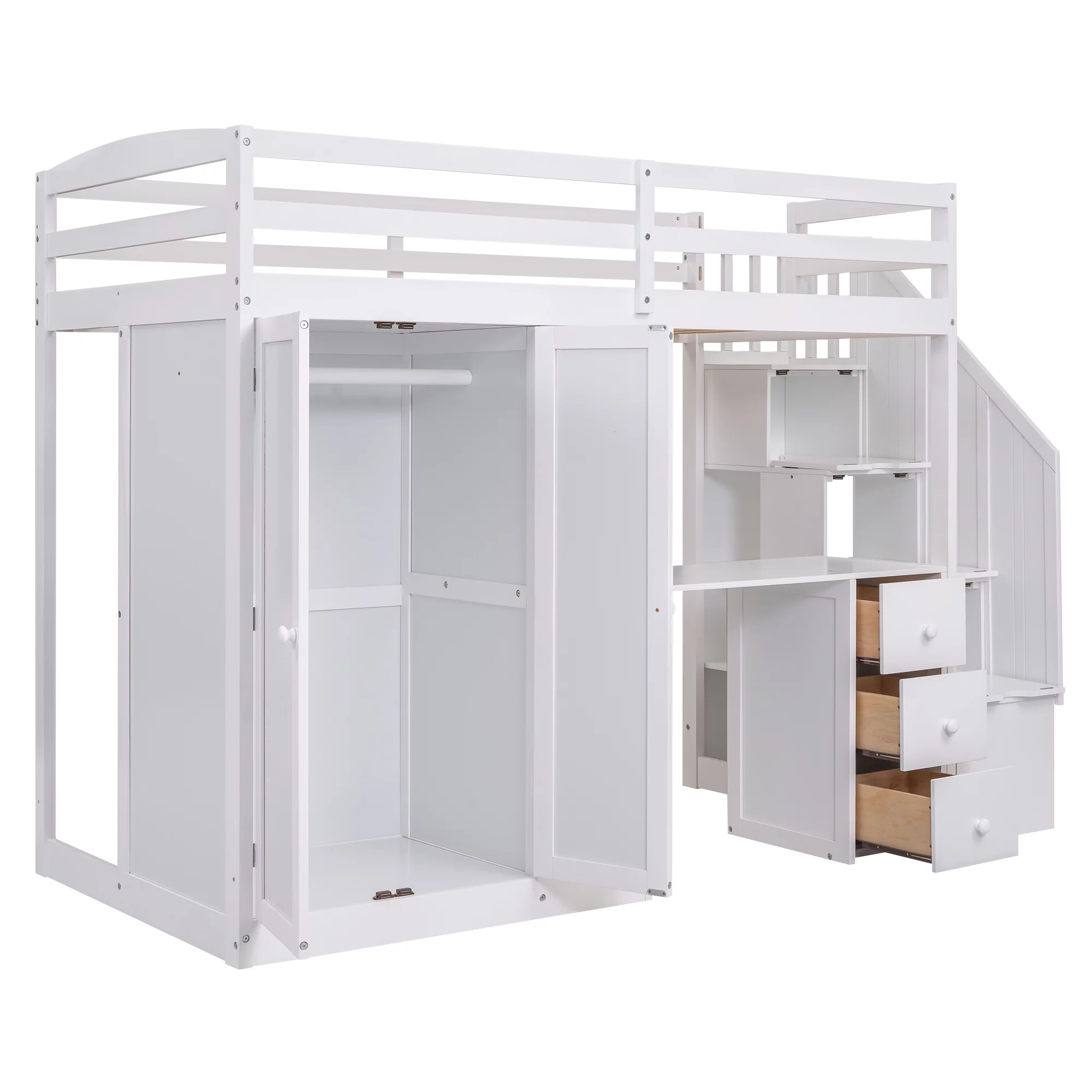 Euroco Twin Size Pine Wood Loft Bed with Desk, Drawers and Wardrobe for Kids Room, Storage Staircase, Sapce-Saving Shelf, White