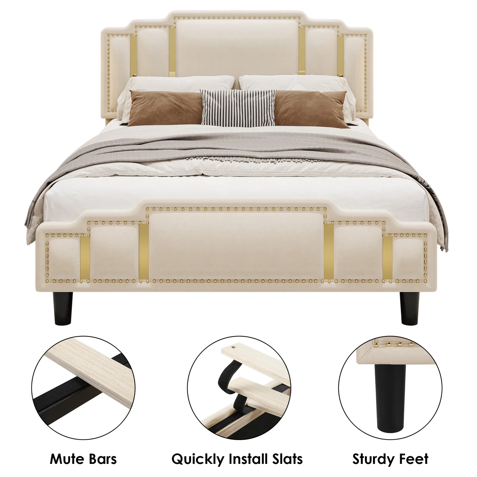 Homfa Full Bed Frame, Luxury Velvet Upholstered Headboard with Golden Iron Sheet & Rivets, Platform Bed with Adjustable Headboard, White