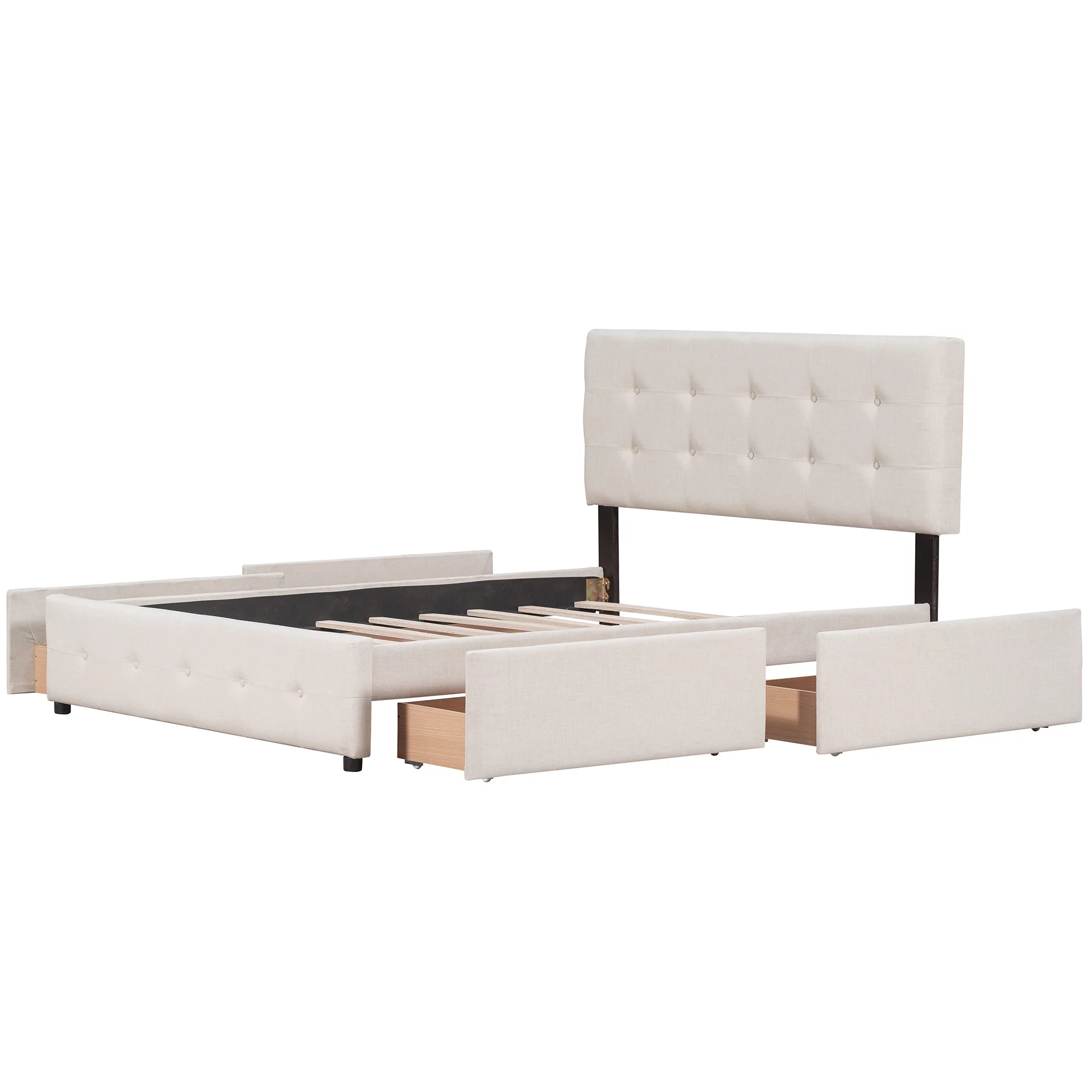 Bellemave Queen Size Upholstered Platform Bed with 4 Drawers, Storage Queen Bed Frame with Classic Headboard,Linen Fabric,Save Space Design,Beige