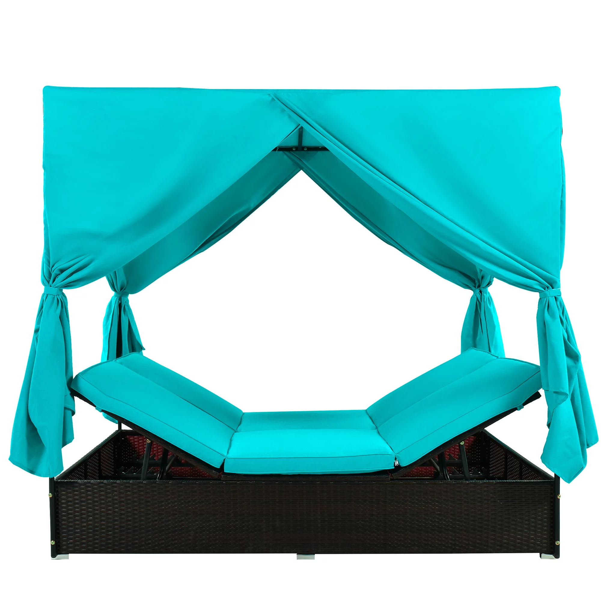 uhomepro Pool Furniture Outdoor Lawn Backyard Poolside Garden Rectangle Daybed, Outdoor Chaise Lounge with Canopy, Overhead Curtains, Cushions, Adjustable Seat, Blue
