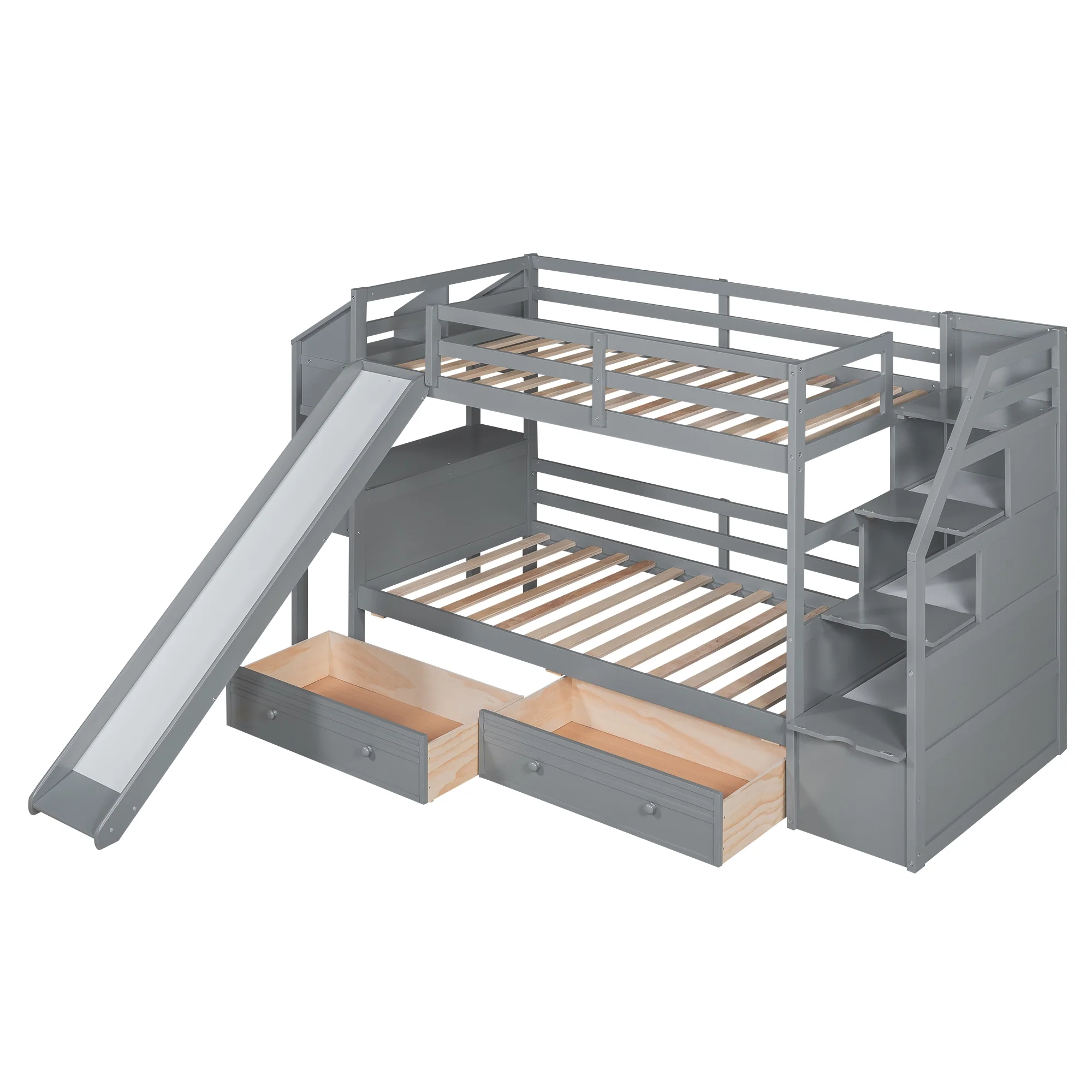 Euroco Wood Twin over Twin Bunk Bed with Desk and Slide, 4 Drawers and Shelf, Bookcase and Storage Staircase for Kids, Gray