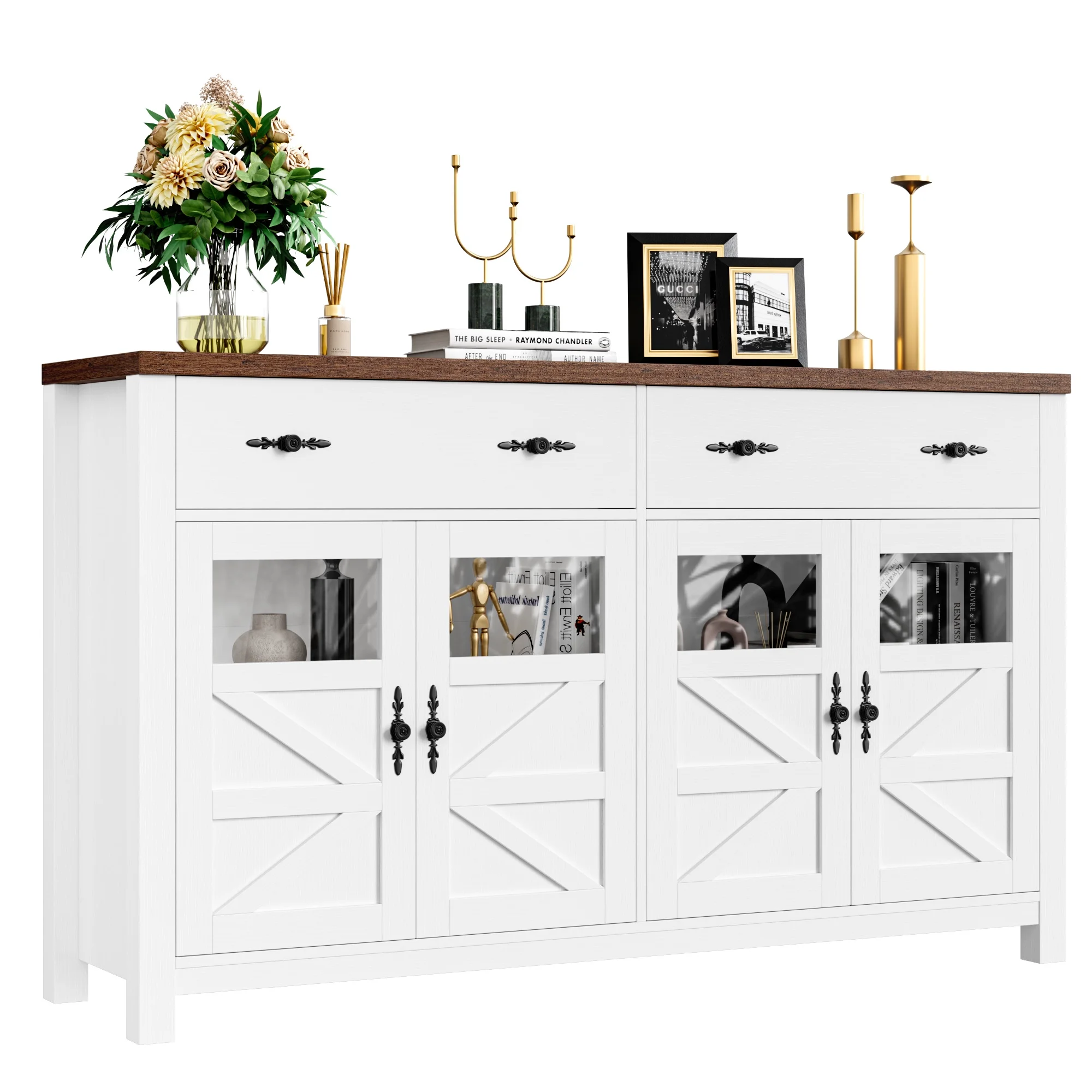 Homfa Farmhouse Kitchen Sideboard Buffet with 2 Drawer, Glass Door Wood Storage Cabinet Credenza with Adjustable Shelves, White