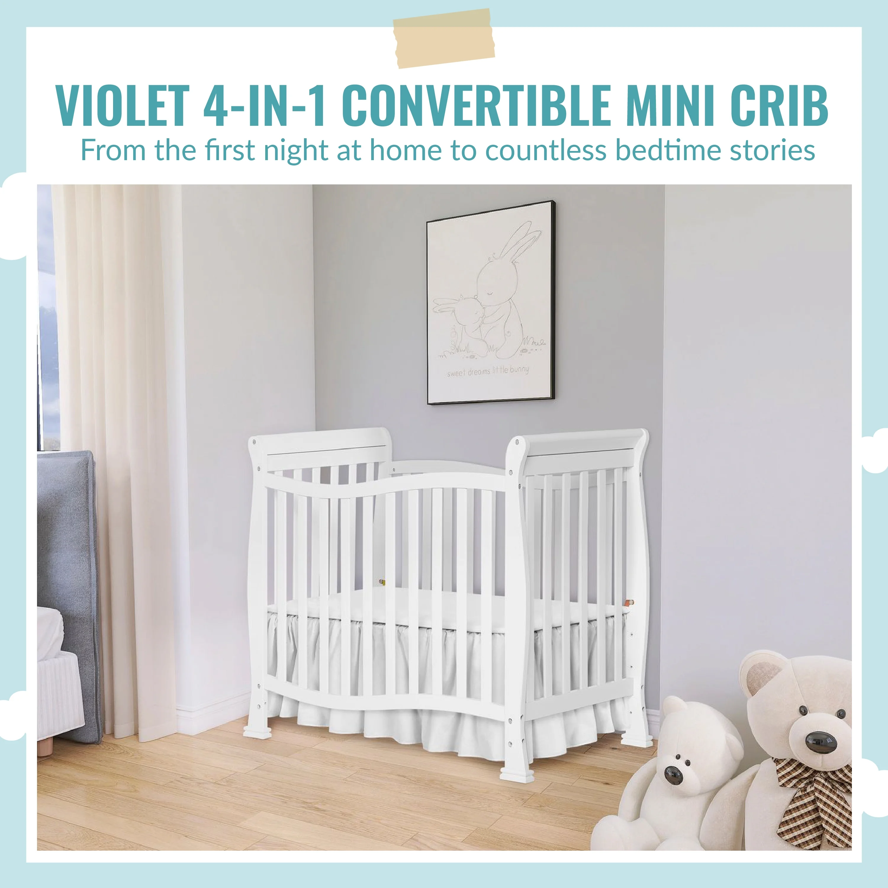 Dream On Me Piper 4-in-1 Convertible Mini Crib, White