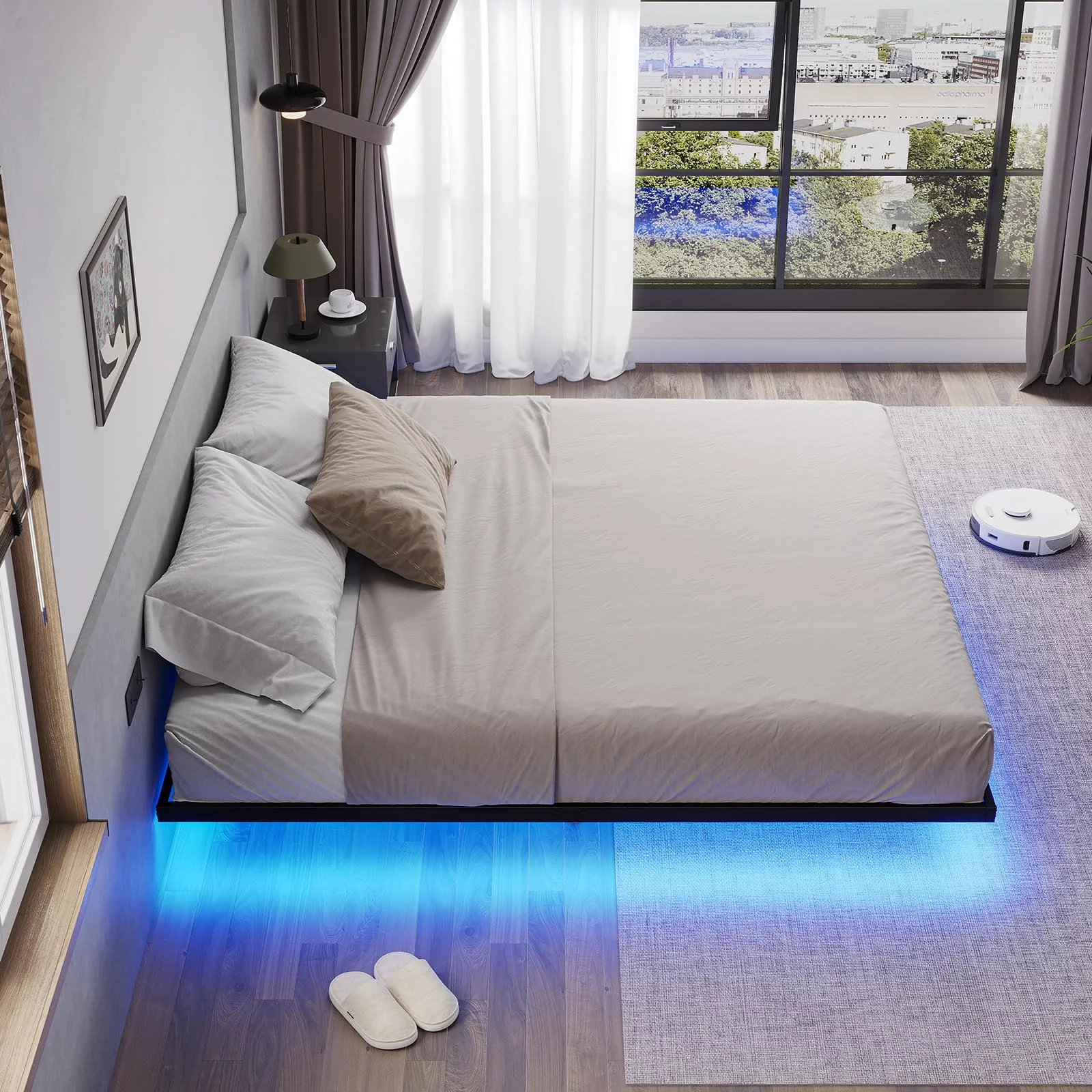 Metal Floating Bed Frame Queen Size Metal Platform Bed Frame with LED Lights,No Box Spring Needed