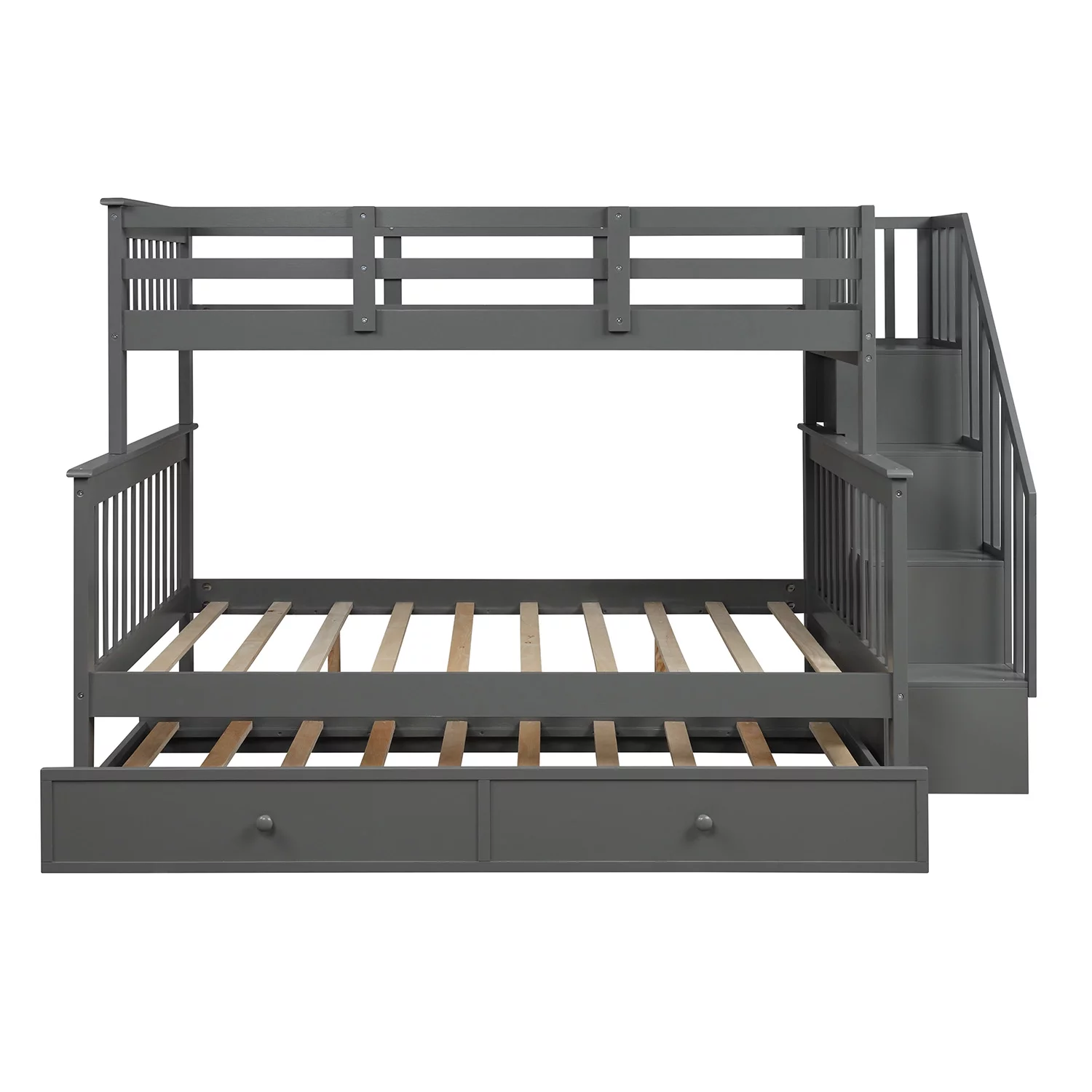 Stairway Solid Wood Twin Over Full Bunk Beds with Twin Size Trundle, Storage and Guard Rail Kids Bunk Beds