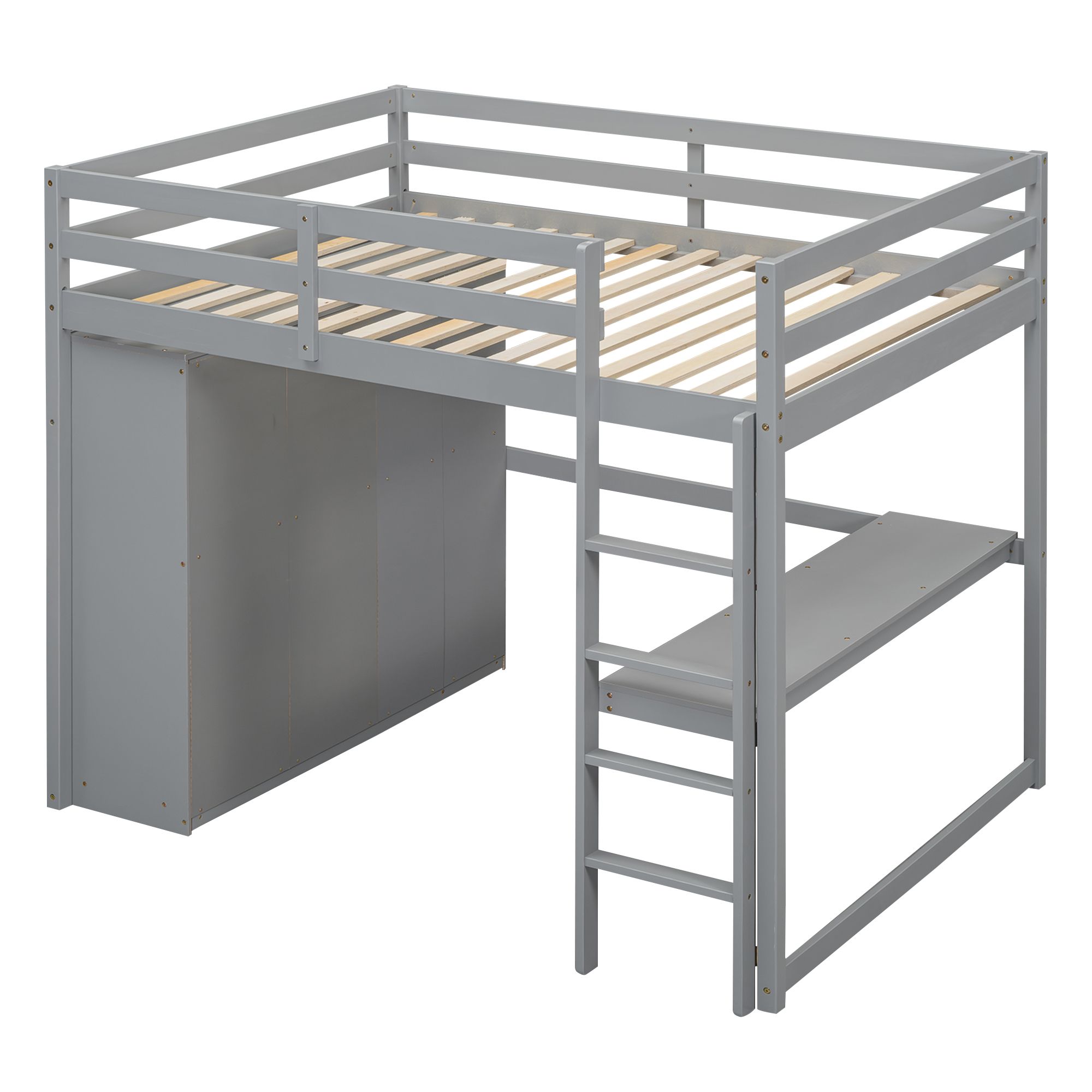 Full Size Loft Bed with Built-in Wardrobe, Desk, Storage Shelves and Drawers, Wooden Loft Beds Frame with Large Space, Wood High Loft Beds with Ladder(Gray, Full)