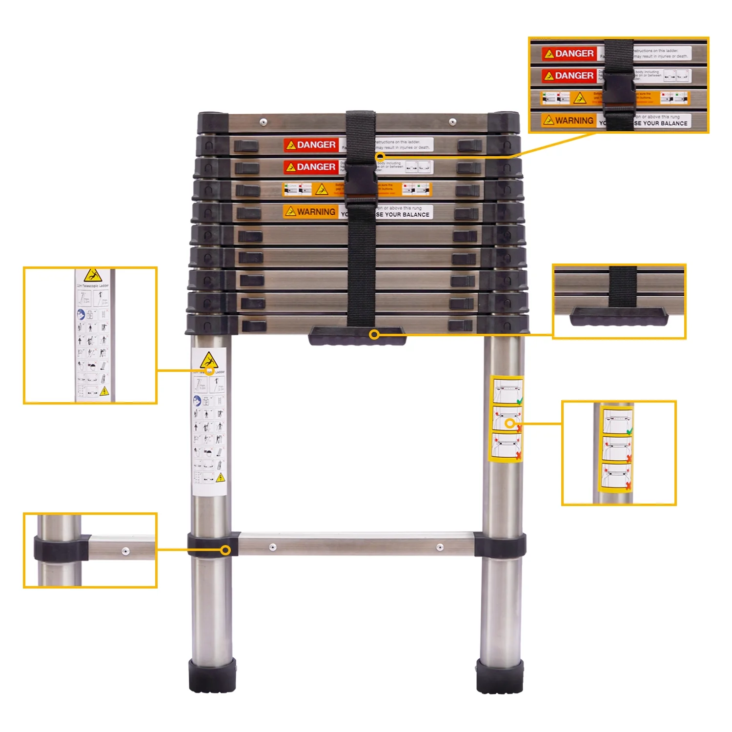 10.5ft Telescoping Ladder Stainless Steel Construction Portable Folding Extension Ladder for Home Office RV Attic Building Maintenance, 330lbs Load Capacity, EN131 Standard, with Slip-Proof Feet