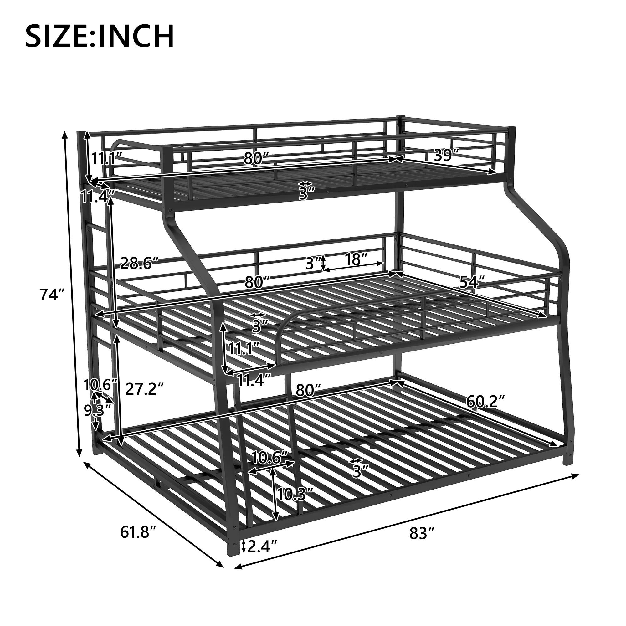 Euroco Metal Triple Bunk Bed, Twin-XL over Full-XL over Queen Size for Kids and Adults, Black