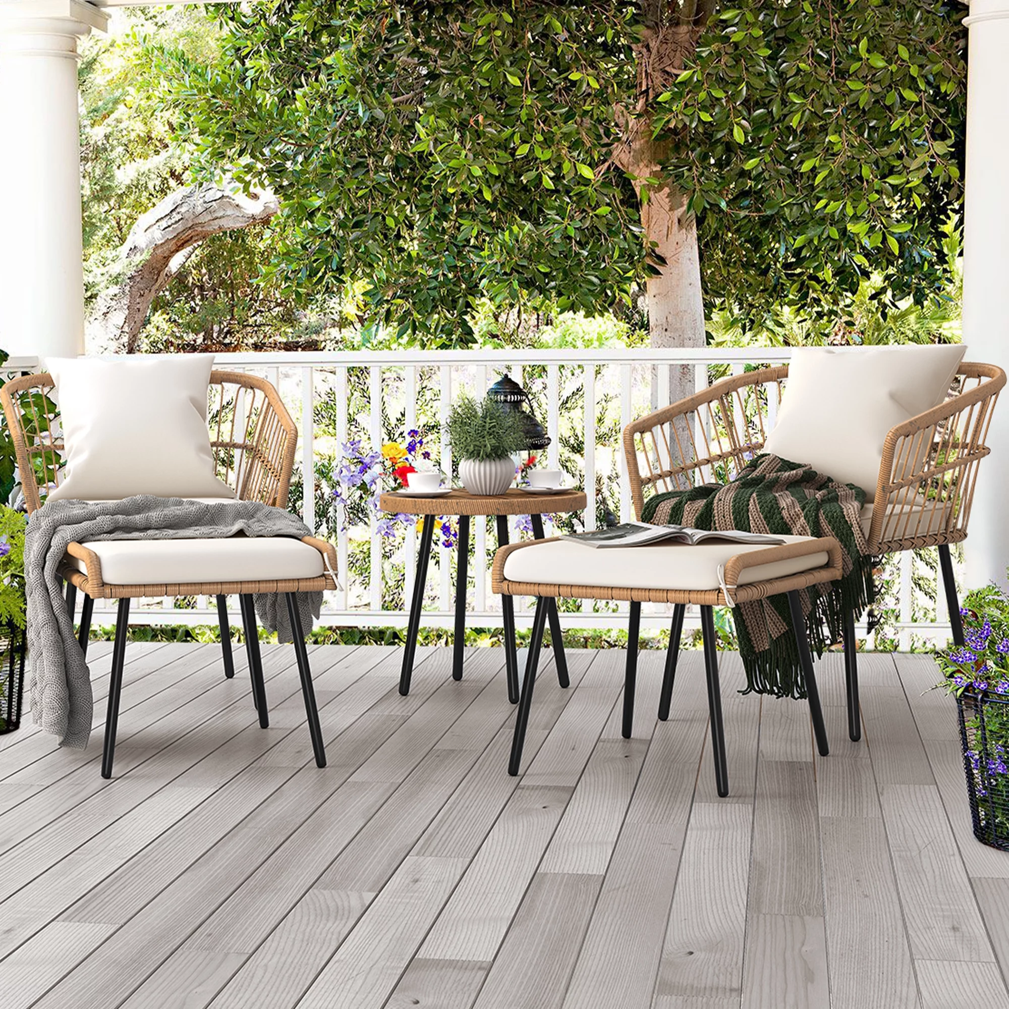 Dextrus 5-Piece Outdoor Wicker Furniture Set, 2 Outdoor Patio Chairs With 2 Ottomans and Coffee Table