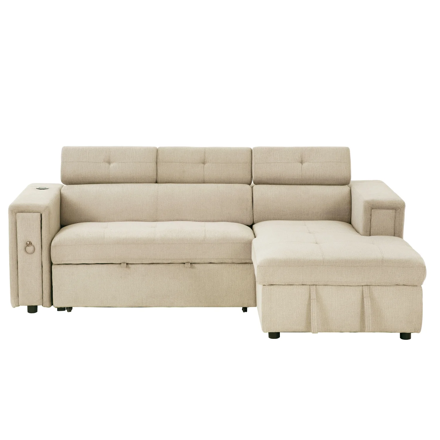 Churanty Pull Out Couch Bed with Storage and Cup Holder Sectional Sleeper Sofa with Wireless Charging L Shaped Couch with Adjustable Headrest Convertible Sofa Bed for Living Room,Beige