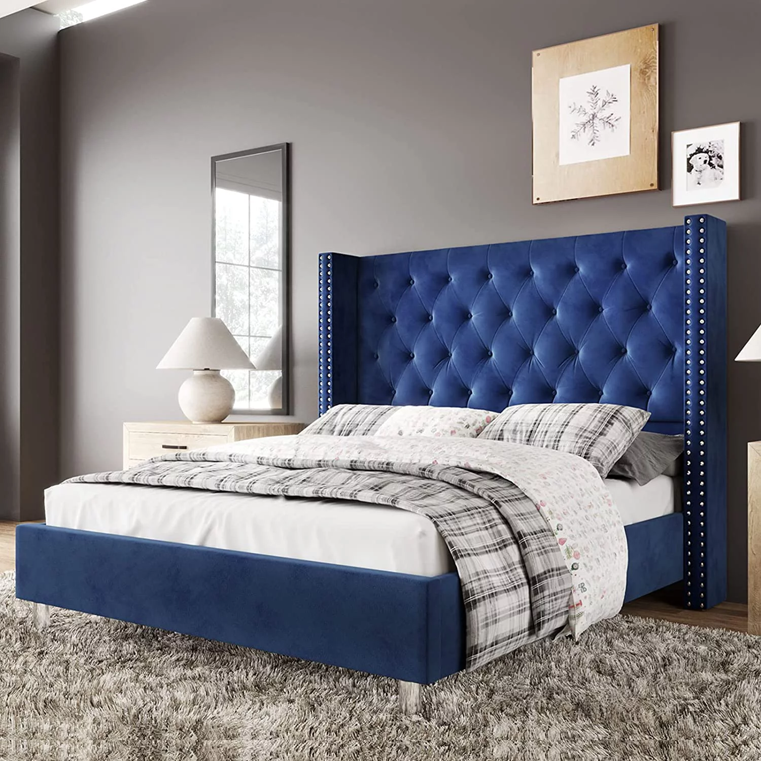 Bed Frame King Size Velvet Tufted Upholstered Bed Low Profile Platform Bed Raised Wingback Headboard/Wood Slats Support/No Box Spring Needed/Easy Assembly/Cream