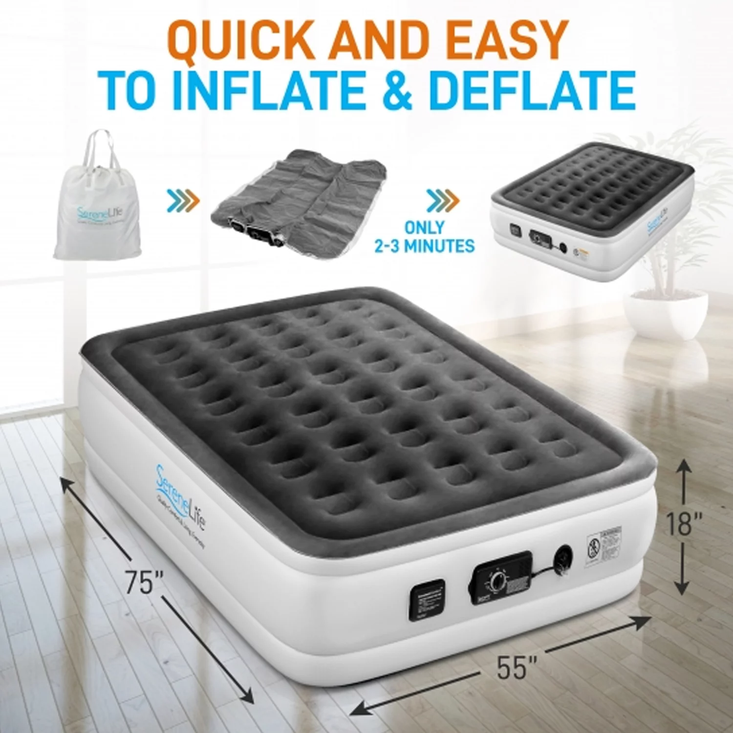 SereneLife Full Size Inflatable Premium Airbed Flocked Mattress w/ Internal Pump