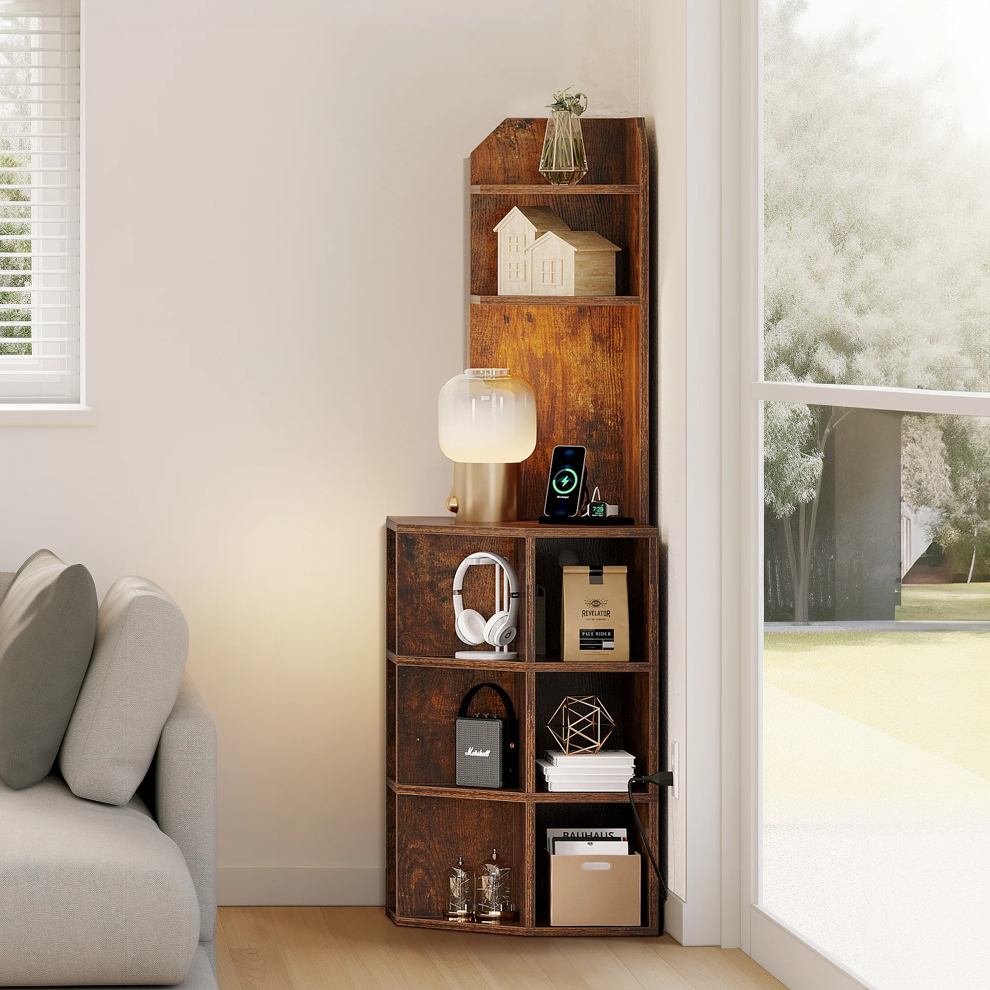 Dextrus 5-Tier Corner Shelf with USB Ports and Outlets, Corner Bookshelf Bookcase Display Shelves Rack Storage Corner Bar Cabinet for Living Room, Home Office, Kitchen, Brown