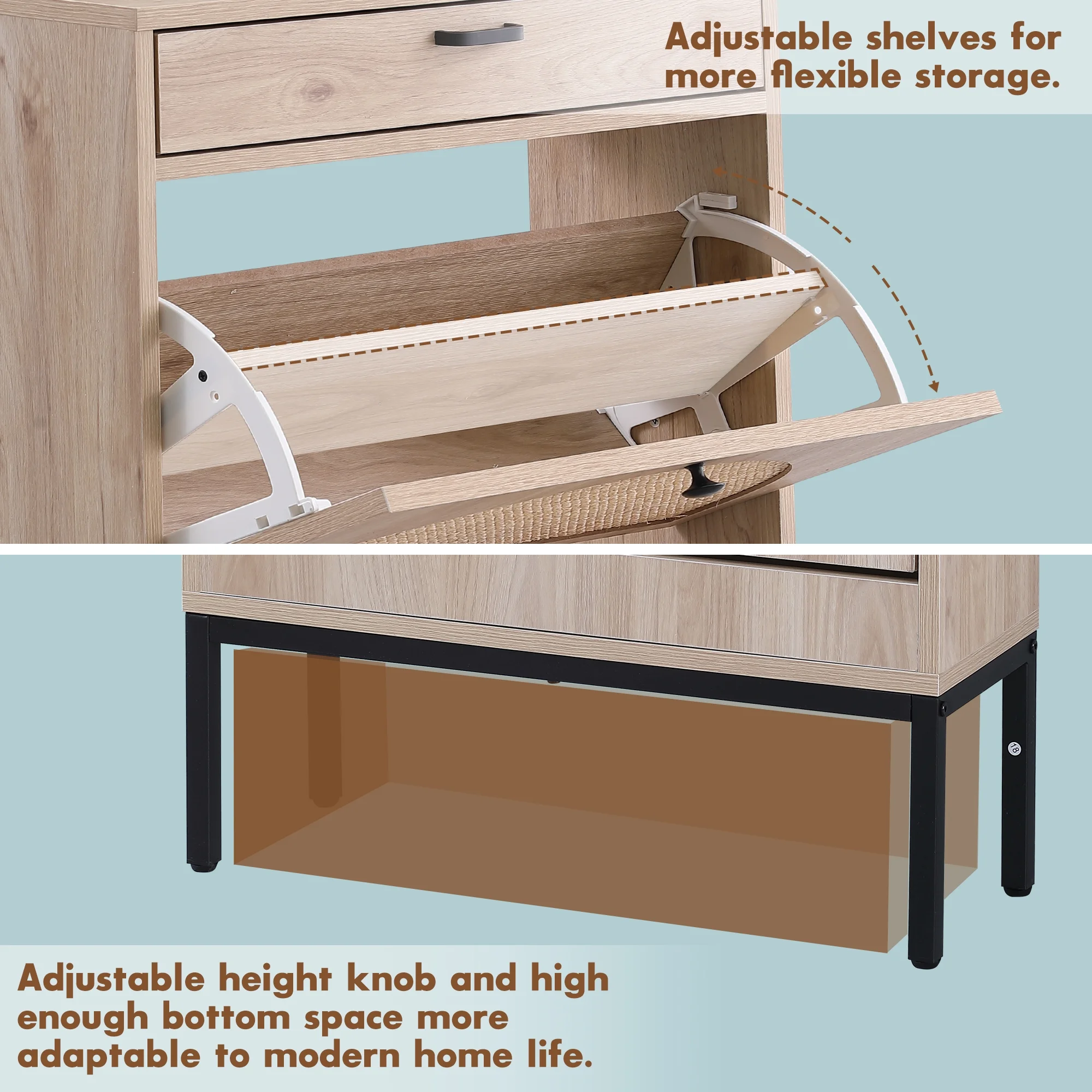 Brafab Shoe Storage Cabinet with 2 Flip Drawers and Open Shelf Natural Rattan Slim Shoe Organizer Rack Wooden Tipping Shoe Dresser Narrow Entrance Shoes Console with Metal Legs for Entryway, Hallway