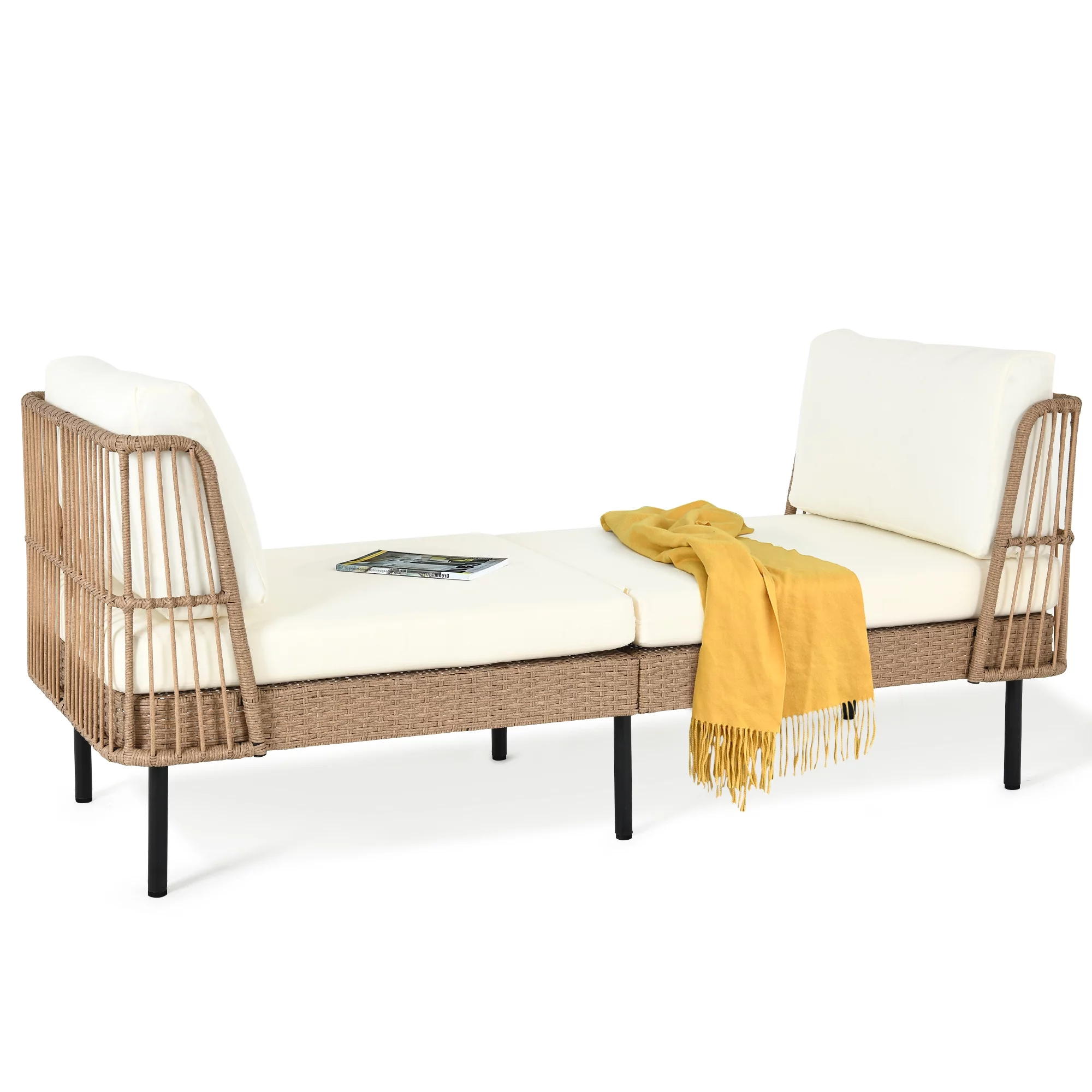 DWVO 74in Outdoor Daybed Wicker Patio Sofa Bed With Thickness Cushion Indoor Bed Lounger for Balcony Garden Deck Lawn - Beige