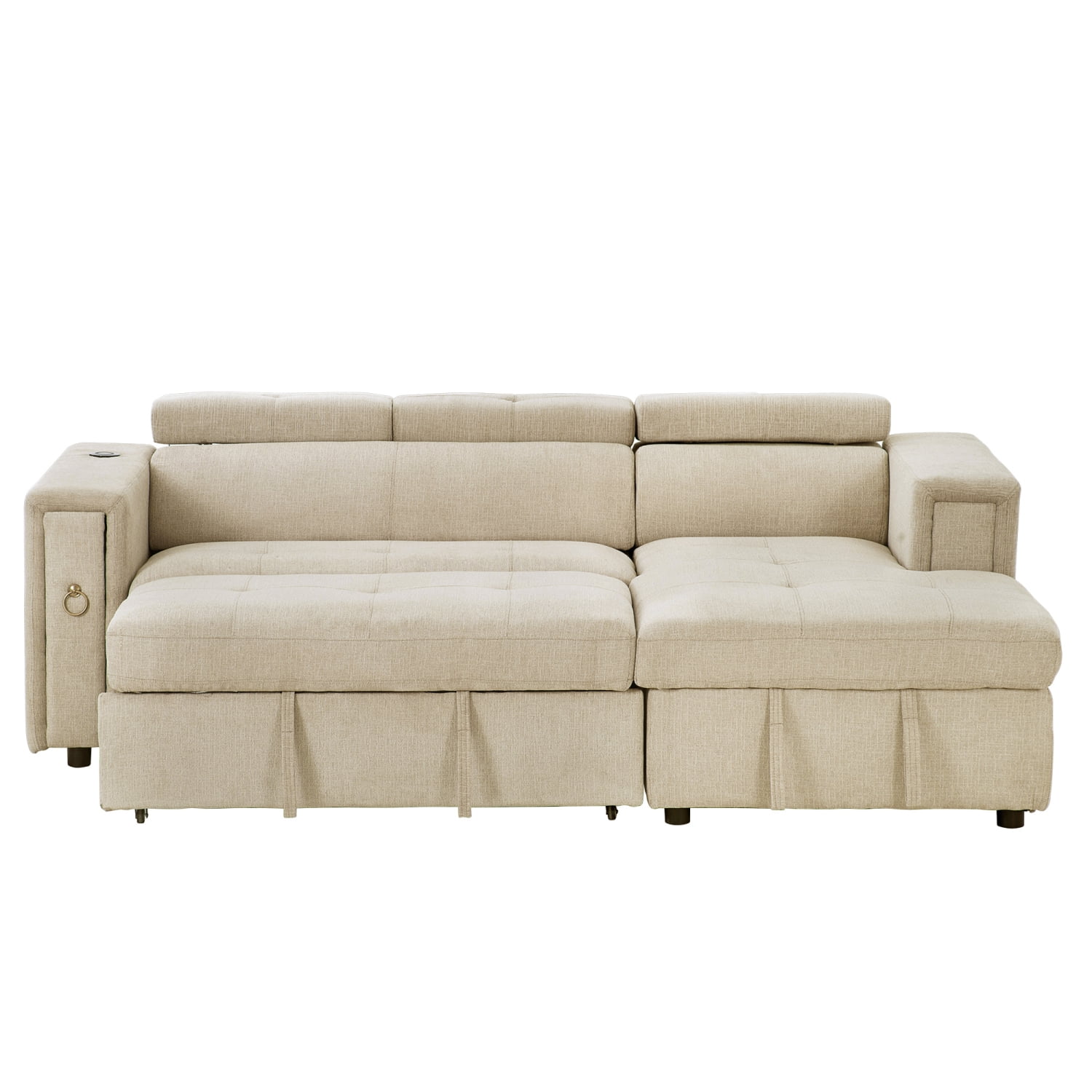 Churanty Pull Out Couch Bed with Storage and Cup Holder Sectional Sleeper Sofa with Wireless Charging L Shaped Couch with Adjustable Headrest Convertible Sofa Bed for Living Room,Beige
