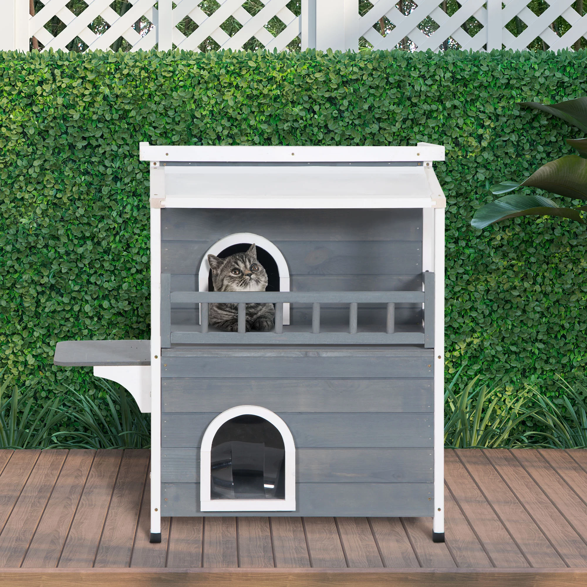 Pawhut 2-Story Cat House with Balcony Cat Shelter Condo Enclosure, Gray