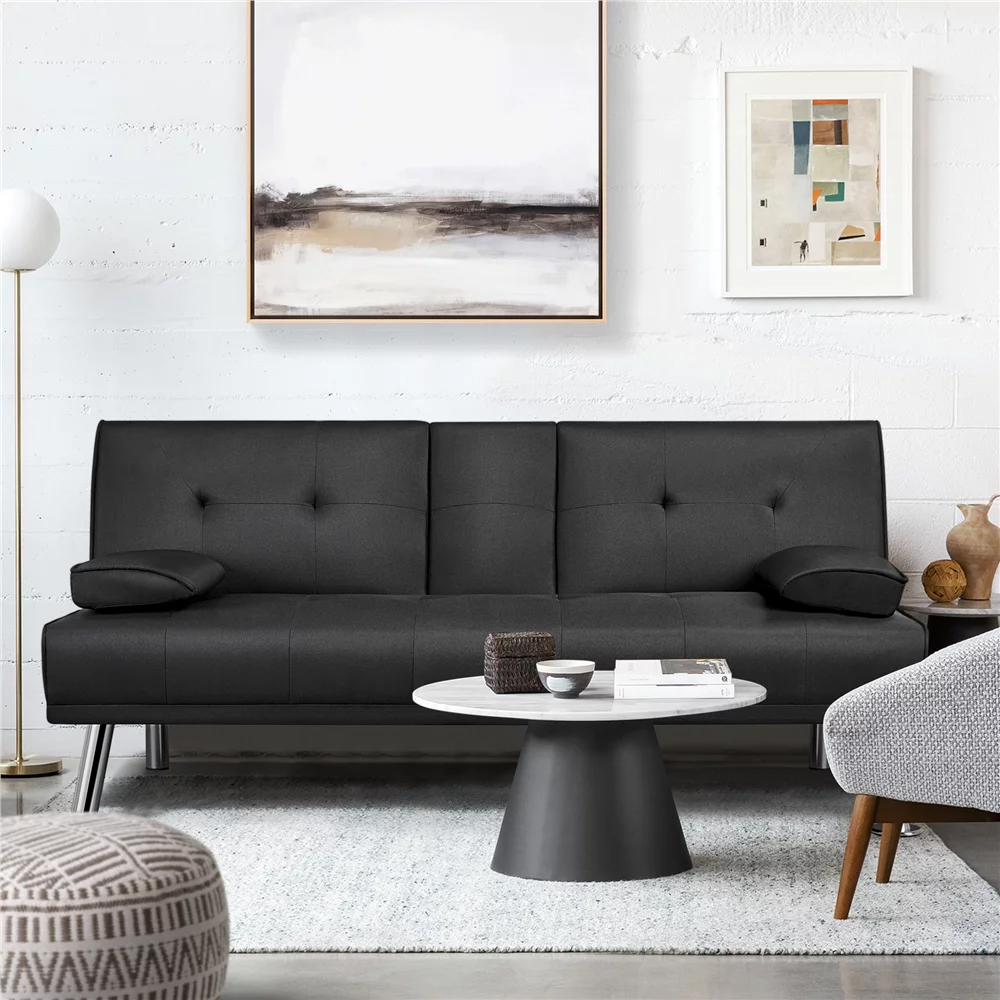 Topeakmart Convertible Futon Sofa Bed Tufted Fabric Futon Couch Bed with 2 Cup Holders, Black
