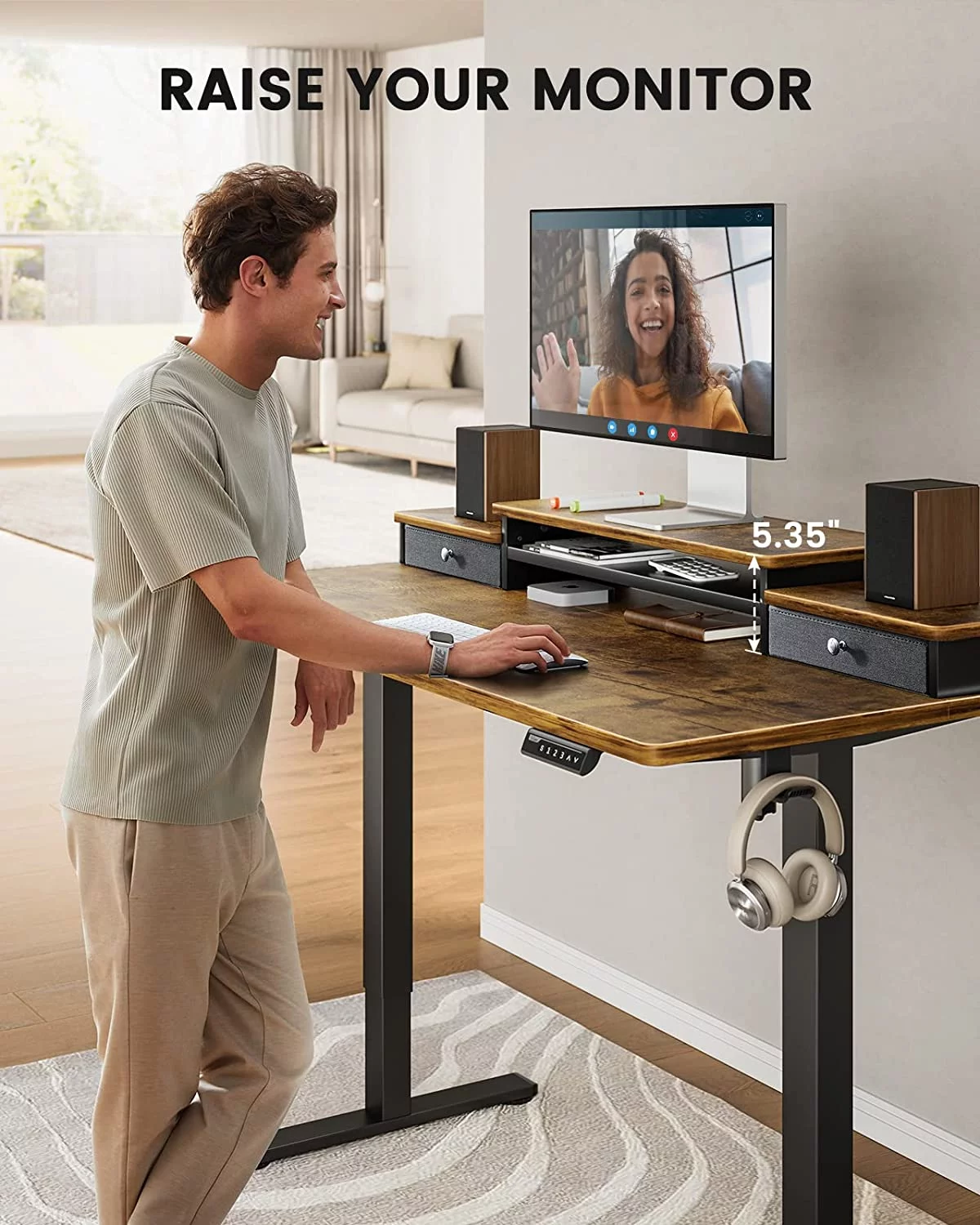 Adjustable Height Electric Standing Desk for 48x24 inch, Computer Stand Up Desk with Double Drawers, Home Office Desk Workstation with Storage Shelf, Vintage Brown
