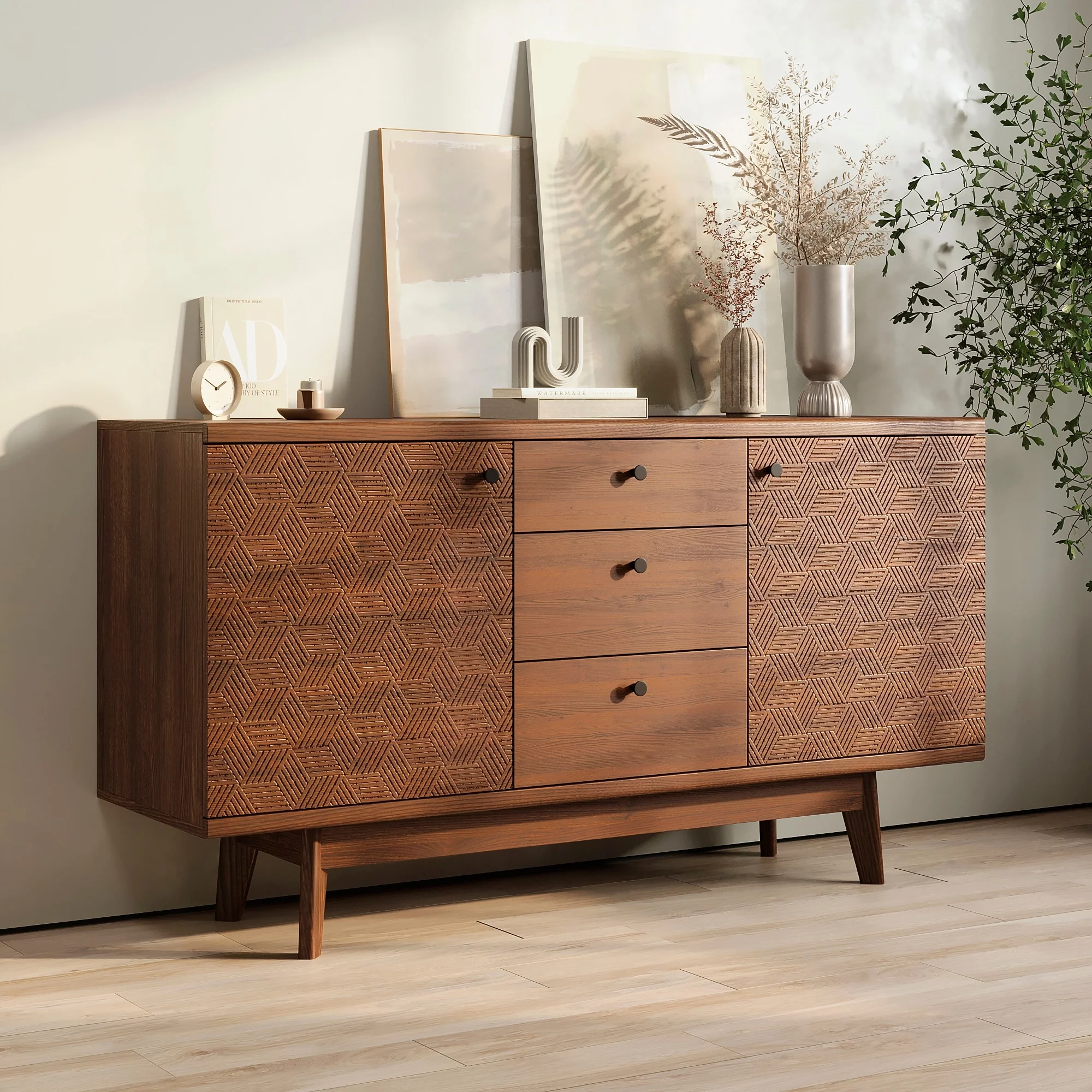 Living Skog  Scandi Sideboard Buffet TV Stand with Drawers and Wooden Legs for TV's up to 65-inch TV Beige